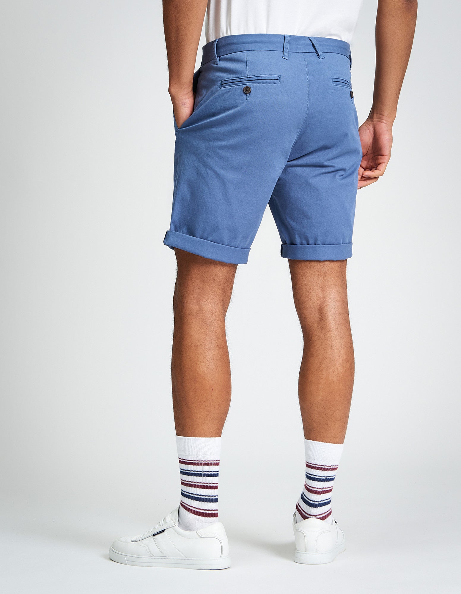 Signature Chino Short β Blue, showcasing clean tailoring and mod stripe trim, perfect for warm-weather wear.
