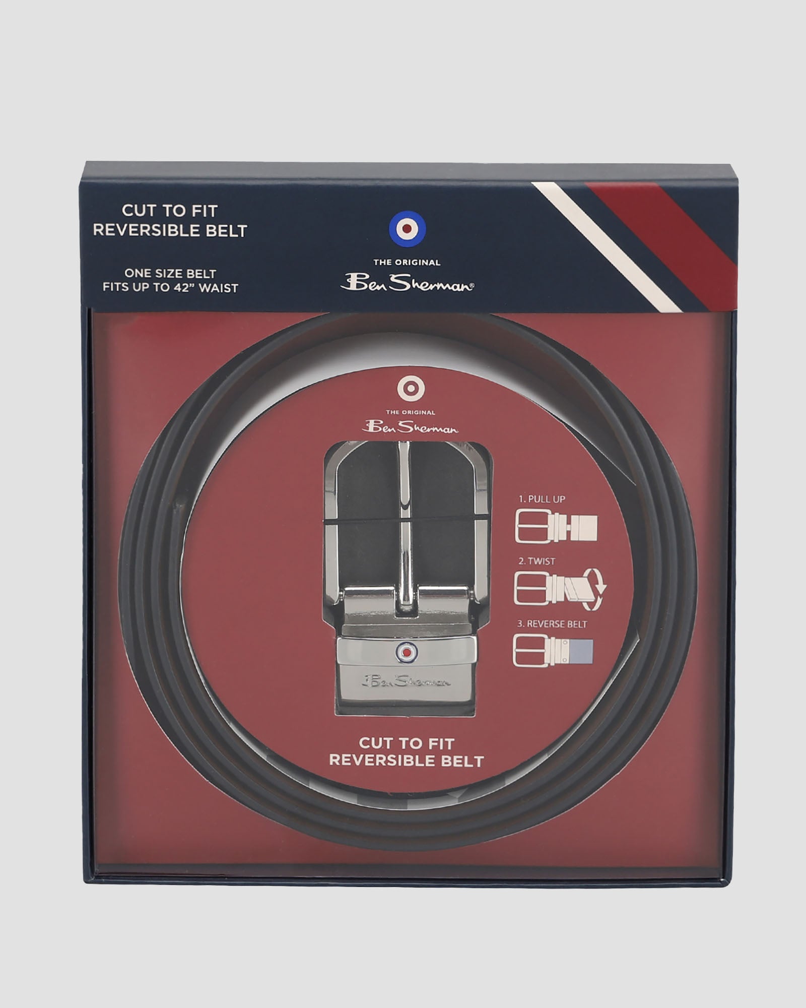 Cut To Size Reversible Belt in gift box – one size fits up to 42" waist and reversible black and tan options.