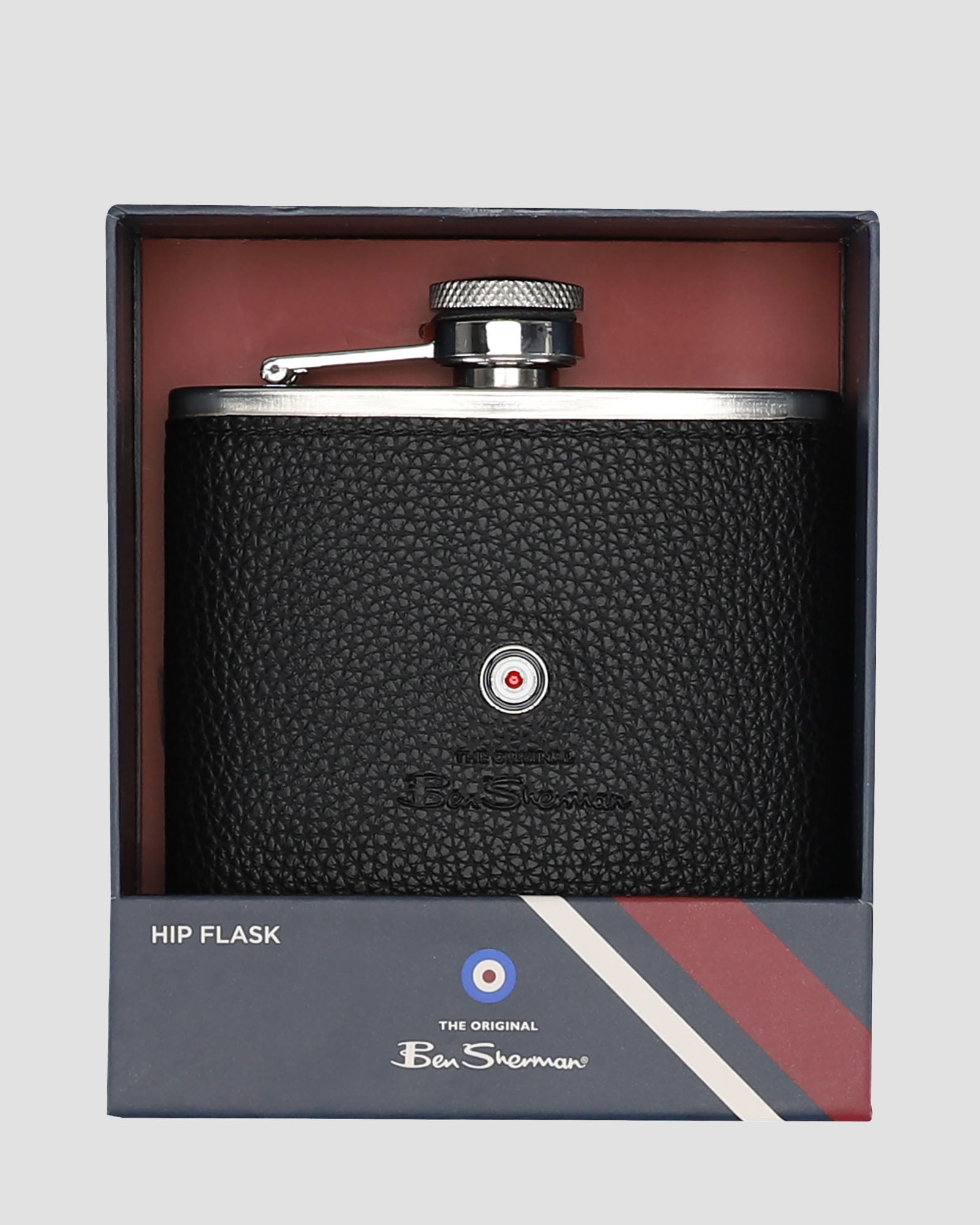 Hip Flask Gift Set – textured black stainless steel flask in stylish gift box with Ben Sherman branding.