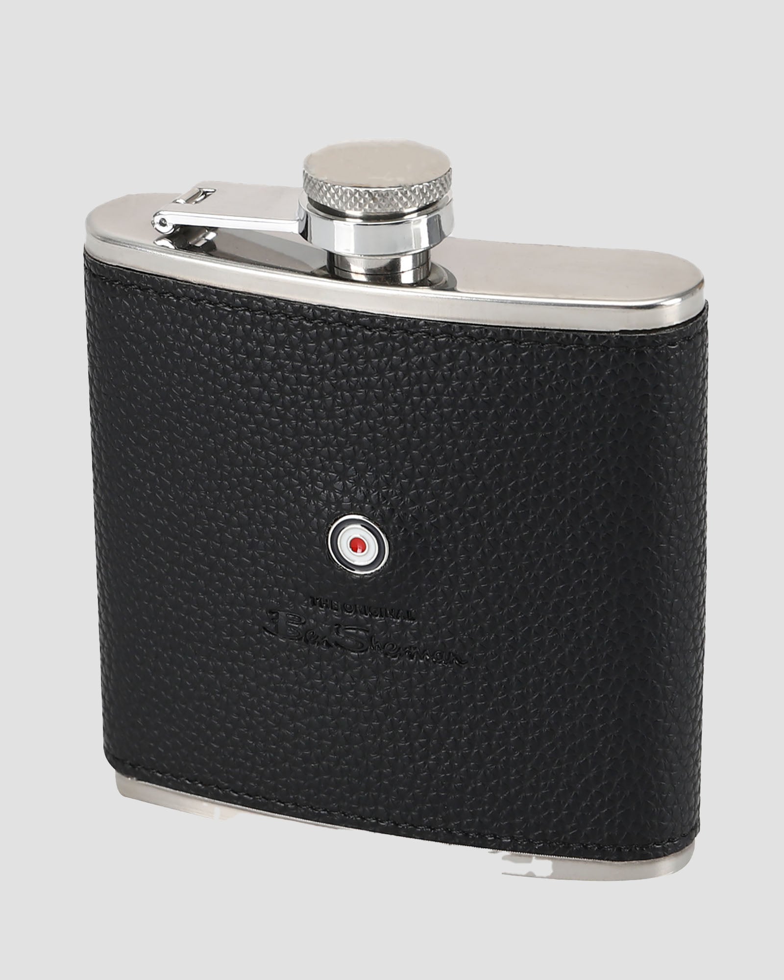 Hip Flask Gift Set – stainless steel with black faux leather wrap and screw top, perfect gift for men.