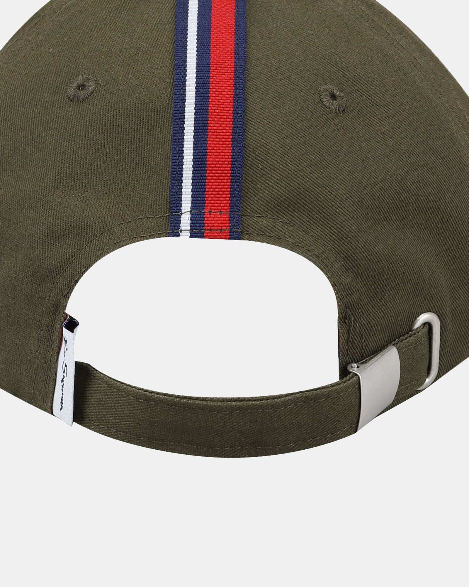 Cap with Stripe – Olive green cap with a red and blue striped detail on the back
