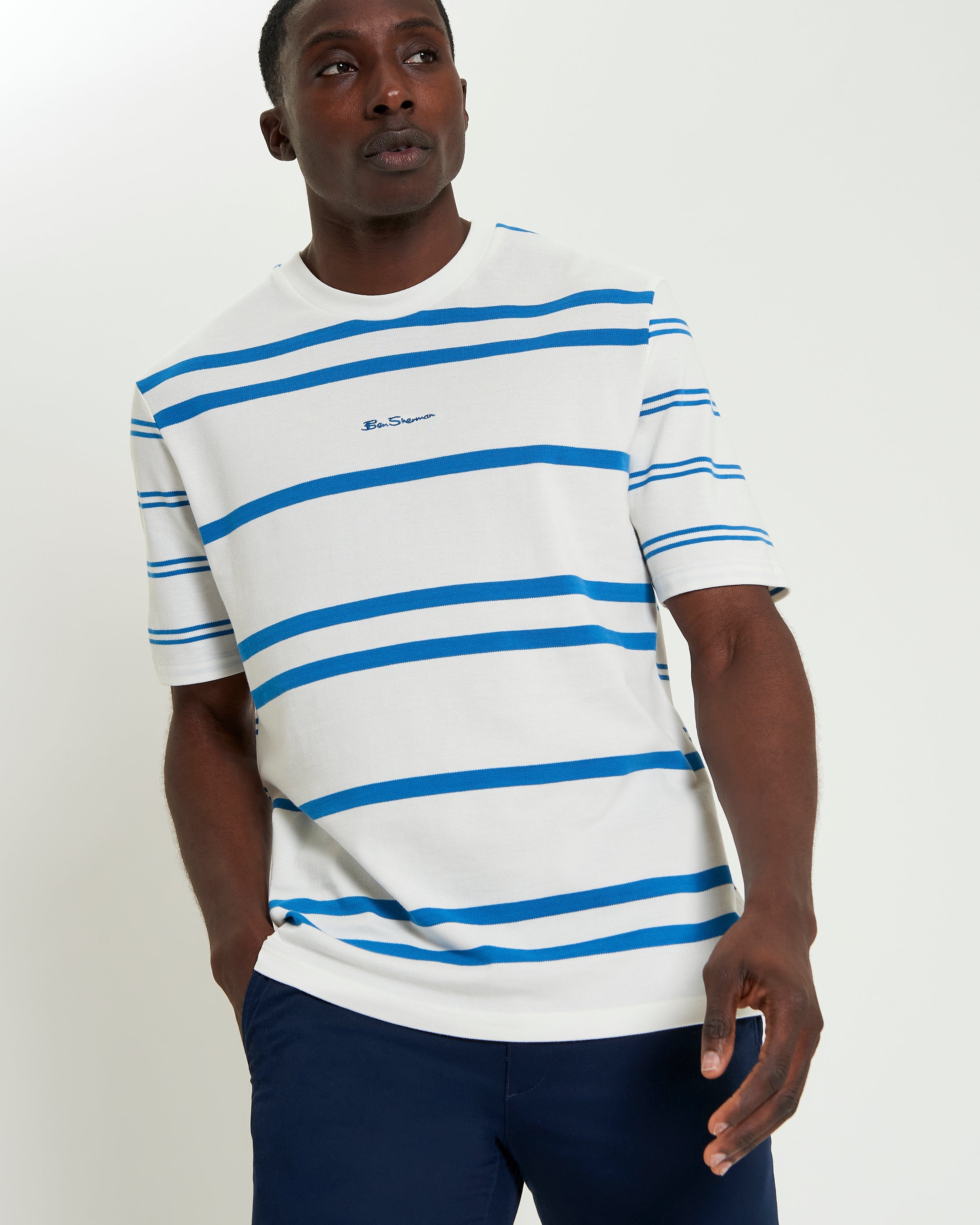 Mixed Stripe Tee – Casual relaxed fit with blue and white stripes, featuring Ben Sherman embroidery.