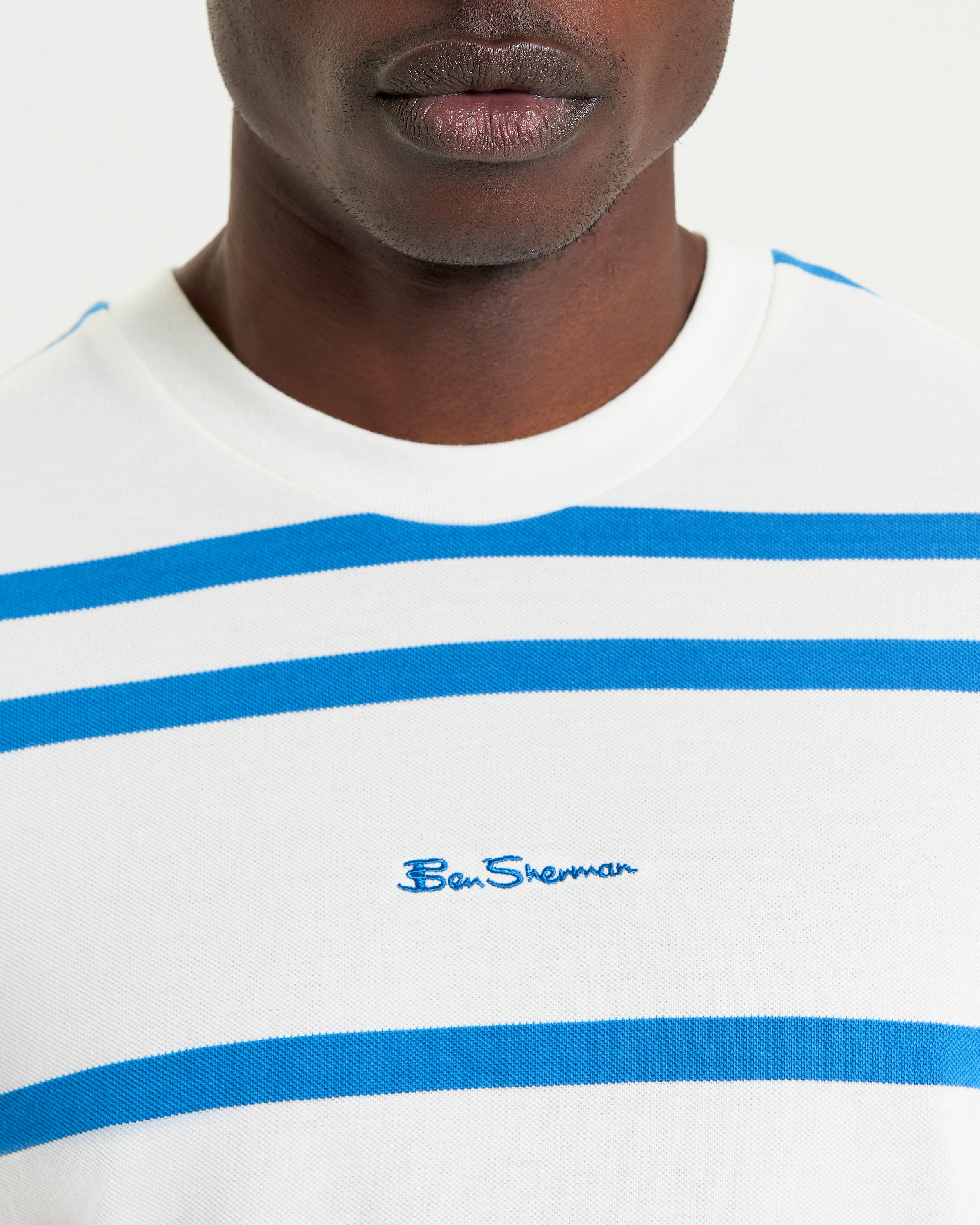 Mixed Stripe Tee – White and Blue Stripes with Ben Sherman Chest Embroidery