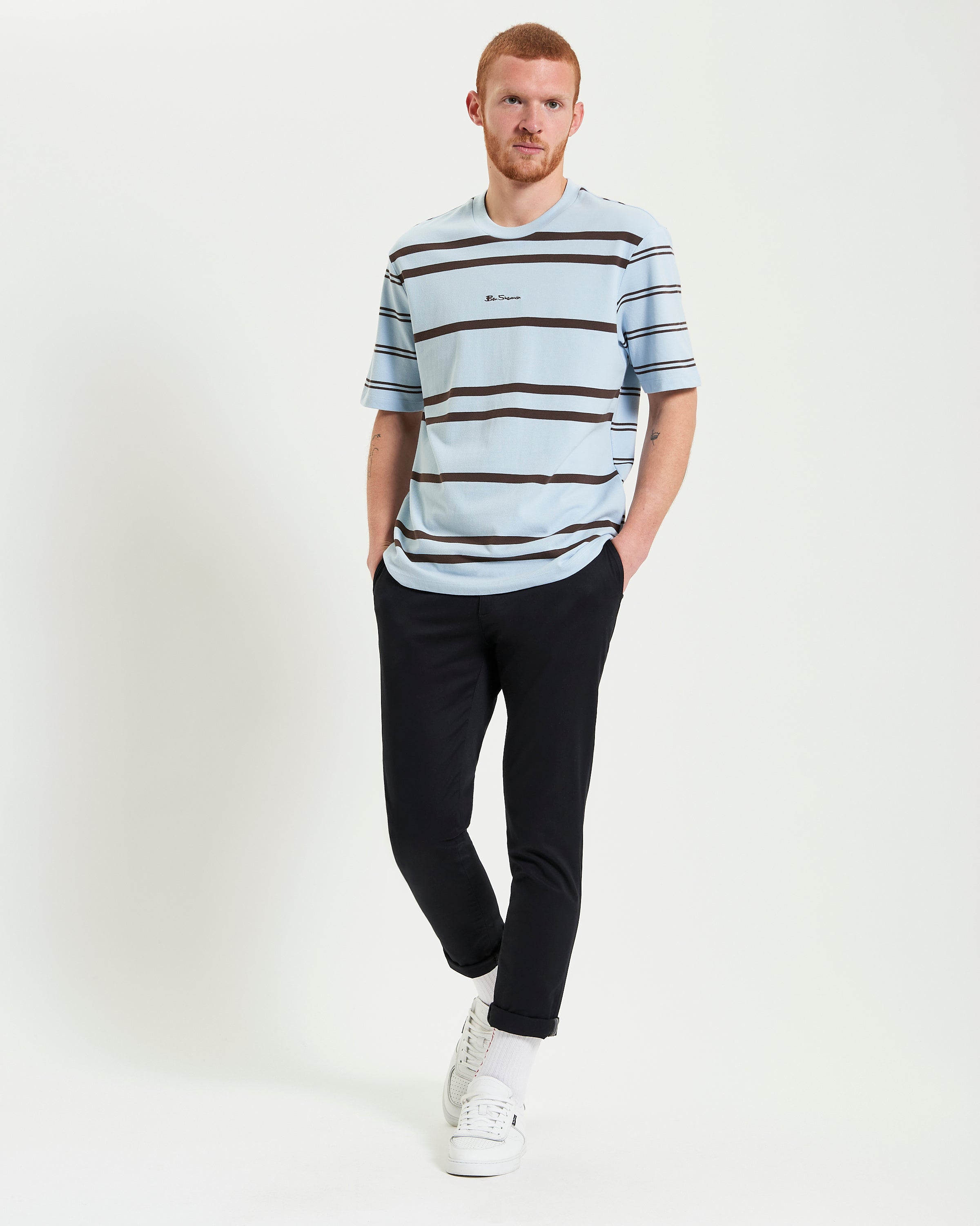 Mixed Stripe Tee – light blue and navy stripes with relaxed fit and crew neck by Ben Sherman.