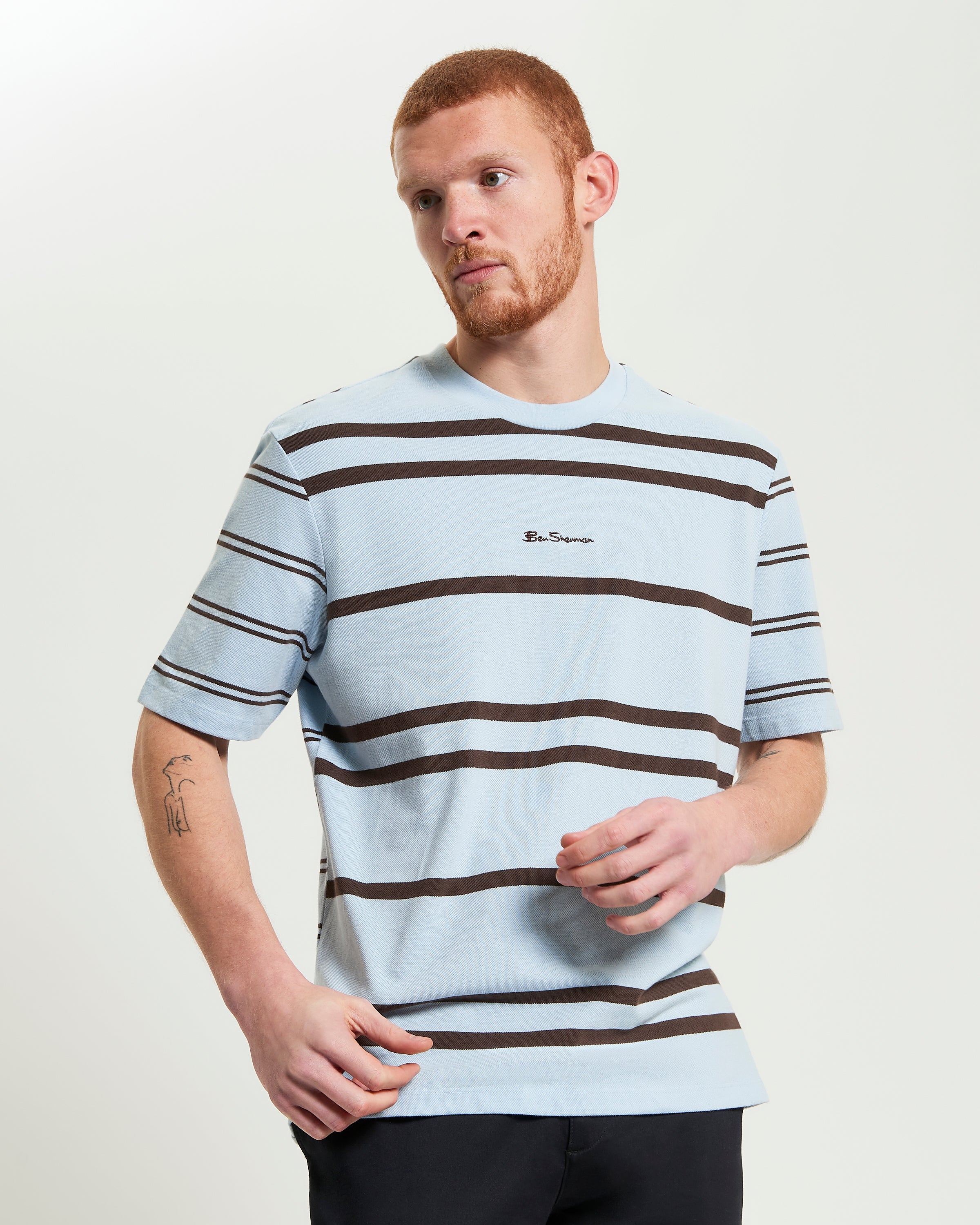 Mixed Stripe Tee – blue and brown striped t-shirt with relaxed fit and Ben Sherman embroidery.