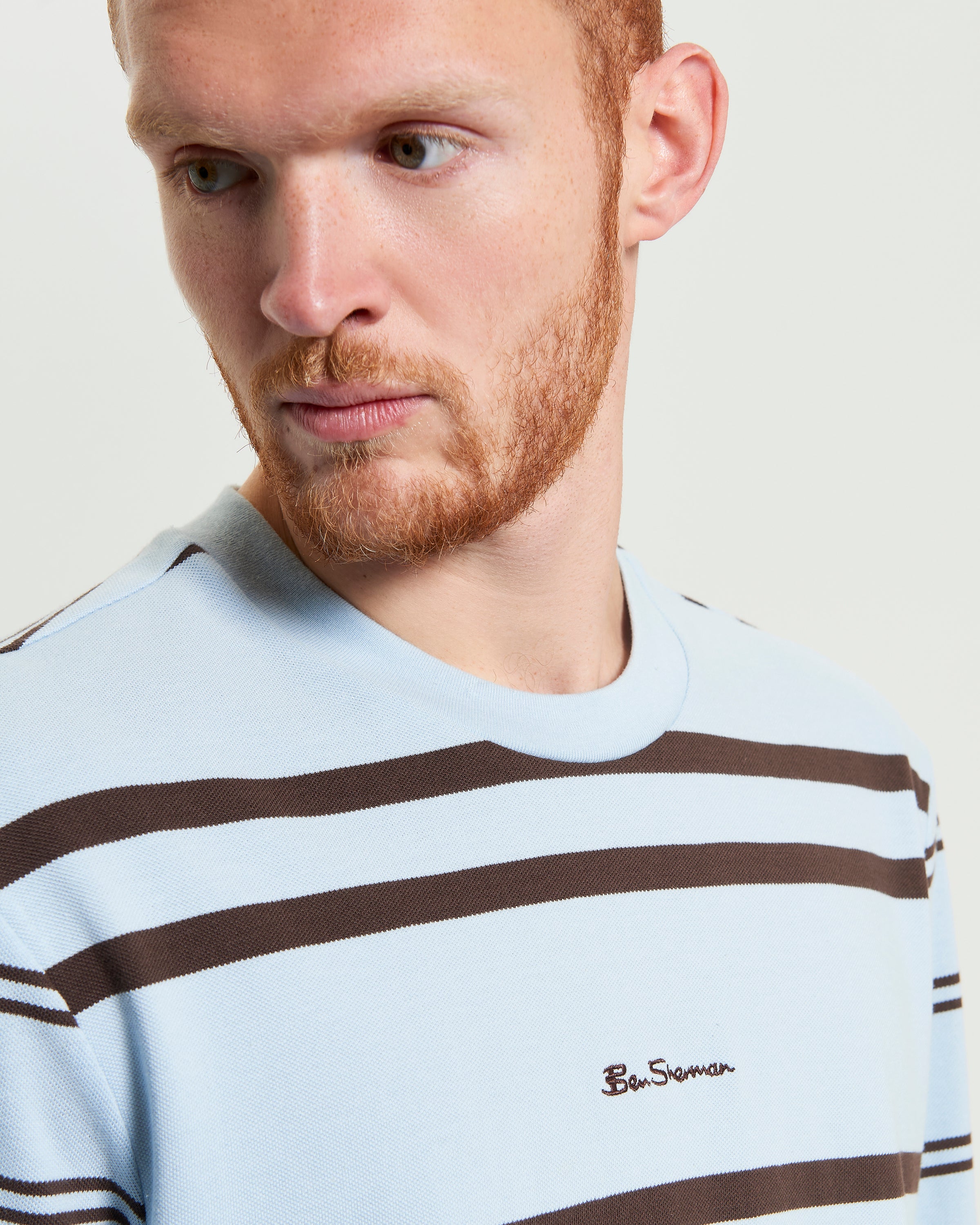 Mixed Stripe Tee – blue and brown striped style by Ben Sherman with chest embroidery.