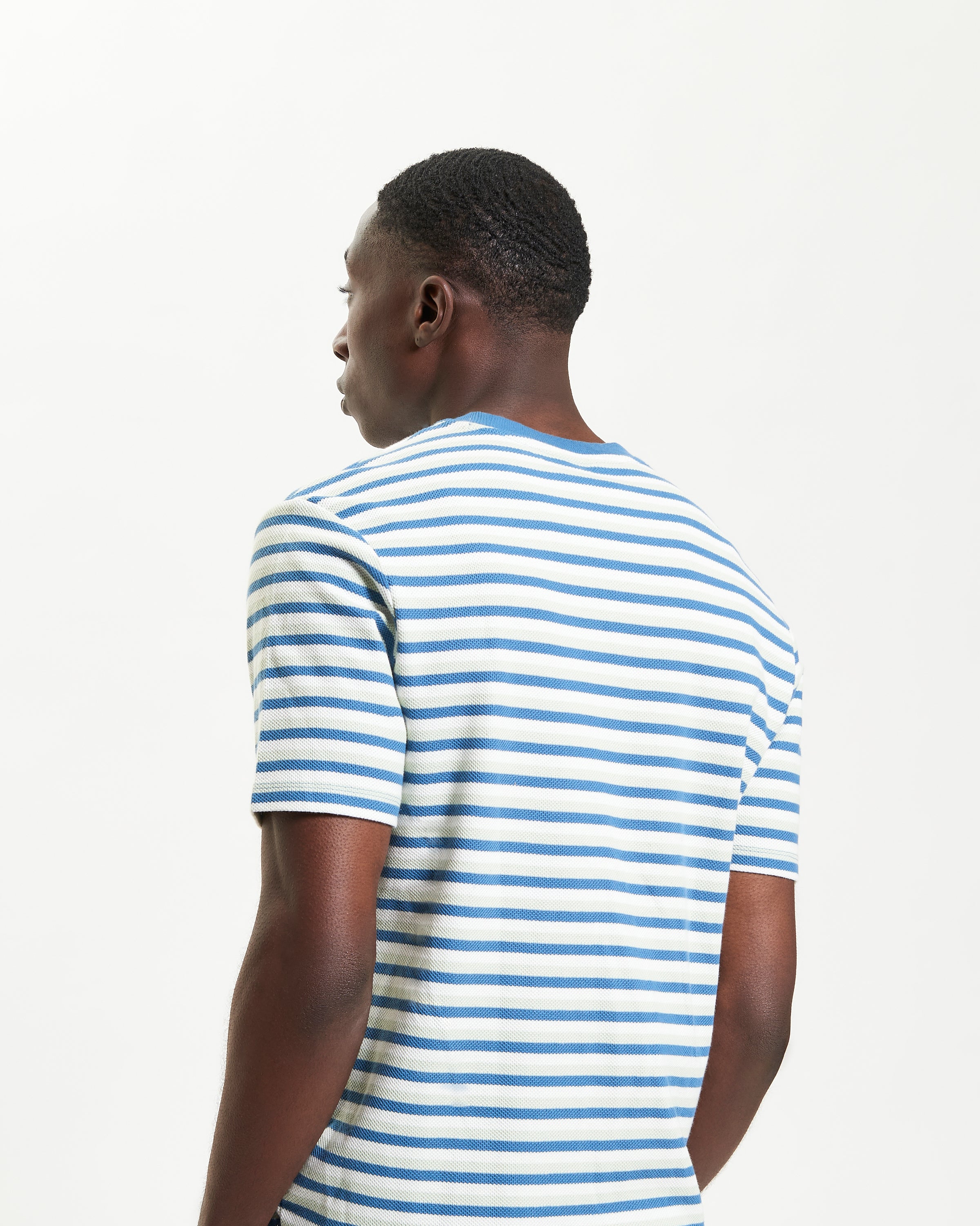 Honeycomb Stripe Tee – Blue and White Stripes, relaxed fit crew neck shirt by Ben Sherman, showcasing honeycomb texture.