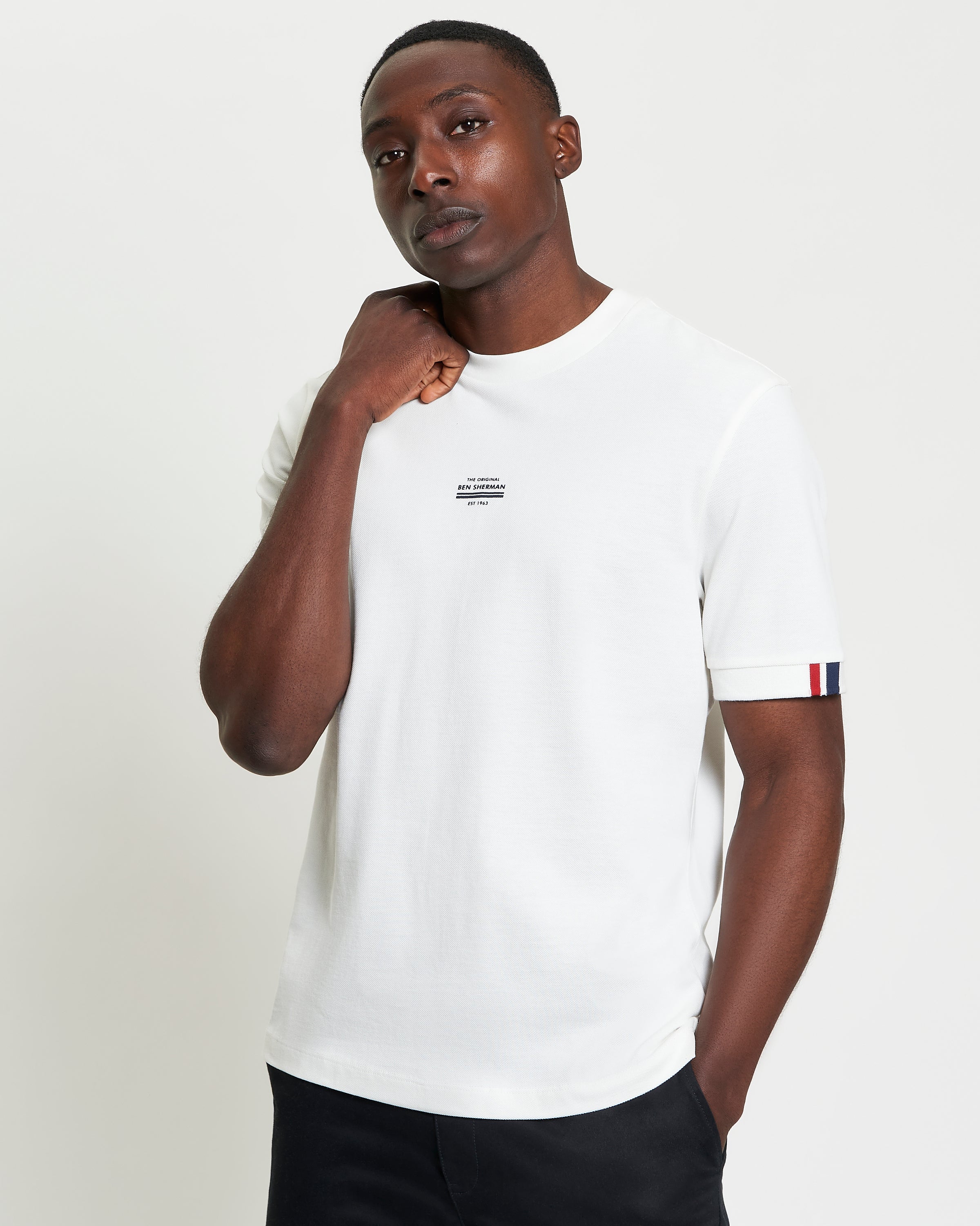 Tipped Pique Tee - white - relaxed fit with Ben Sherman high build print and striped detail on sleeves.