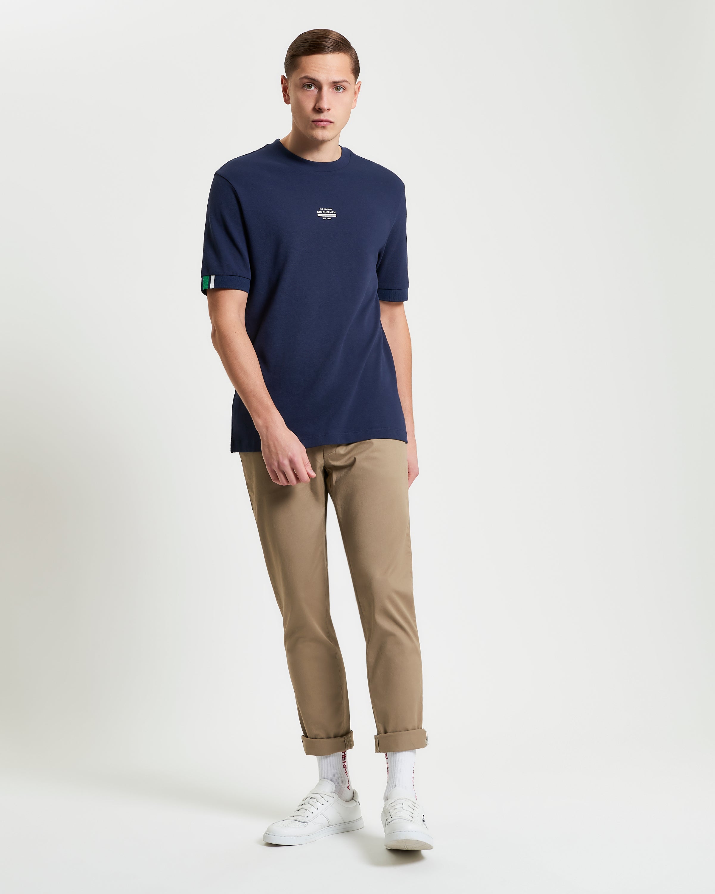 Tipped Pique Tee – navy color showcasing relaxed fit and breathable piqué cotton fabric.