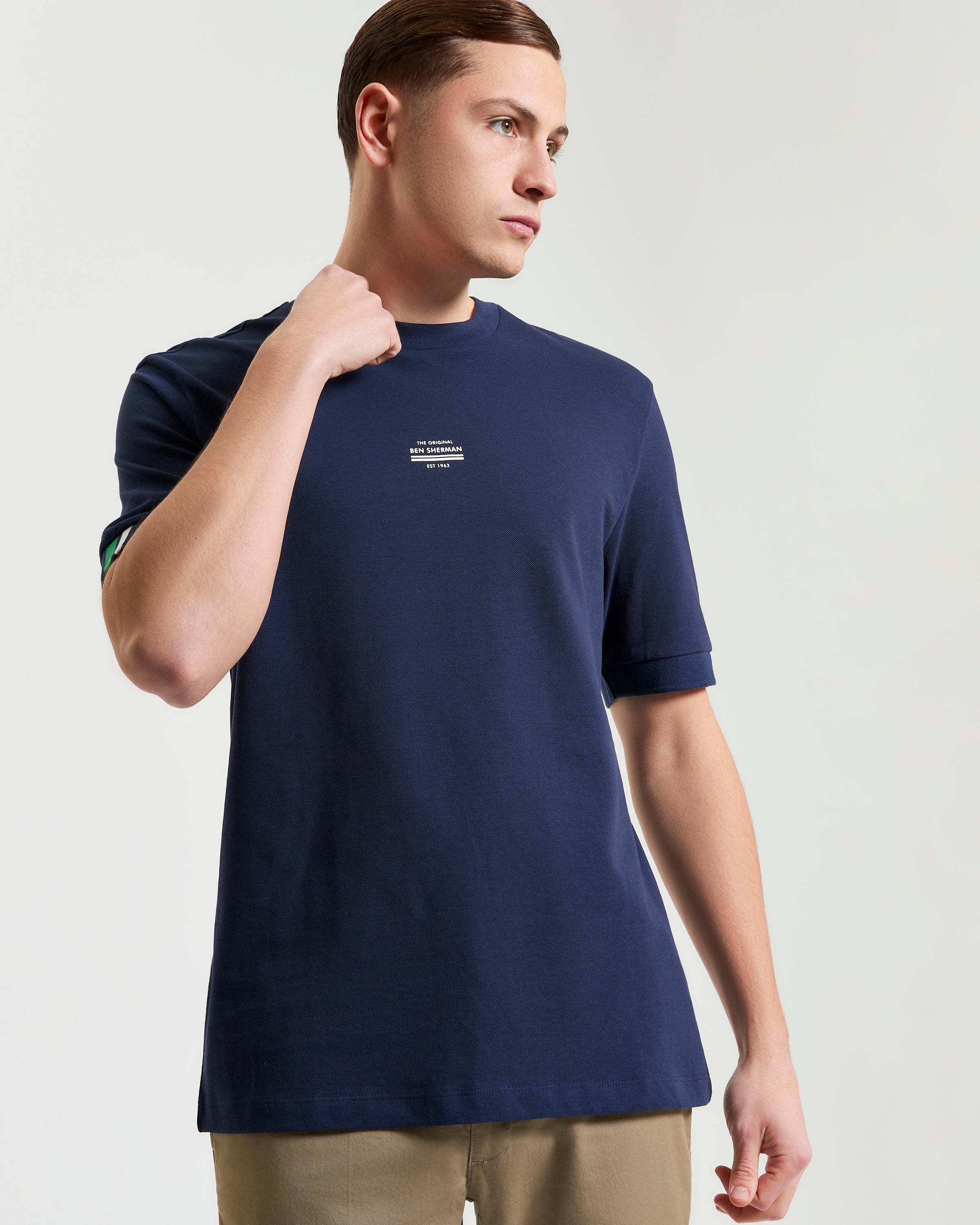 Tipped Pique Tee – navy blue relaxed fit cotton shirt by Ben Sherman with high build print