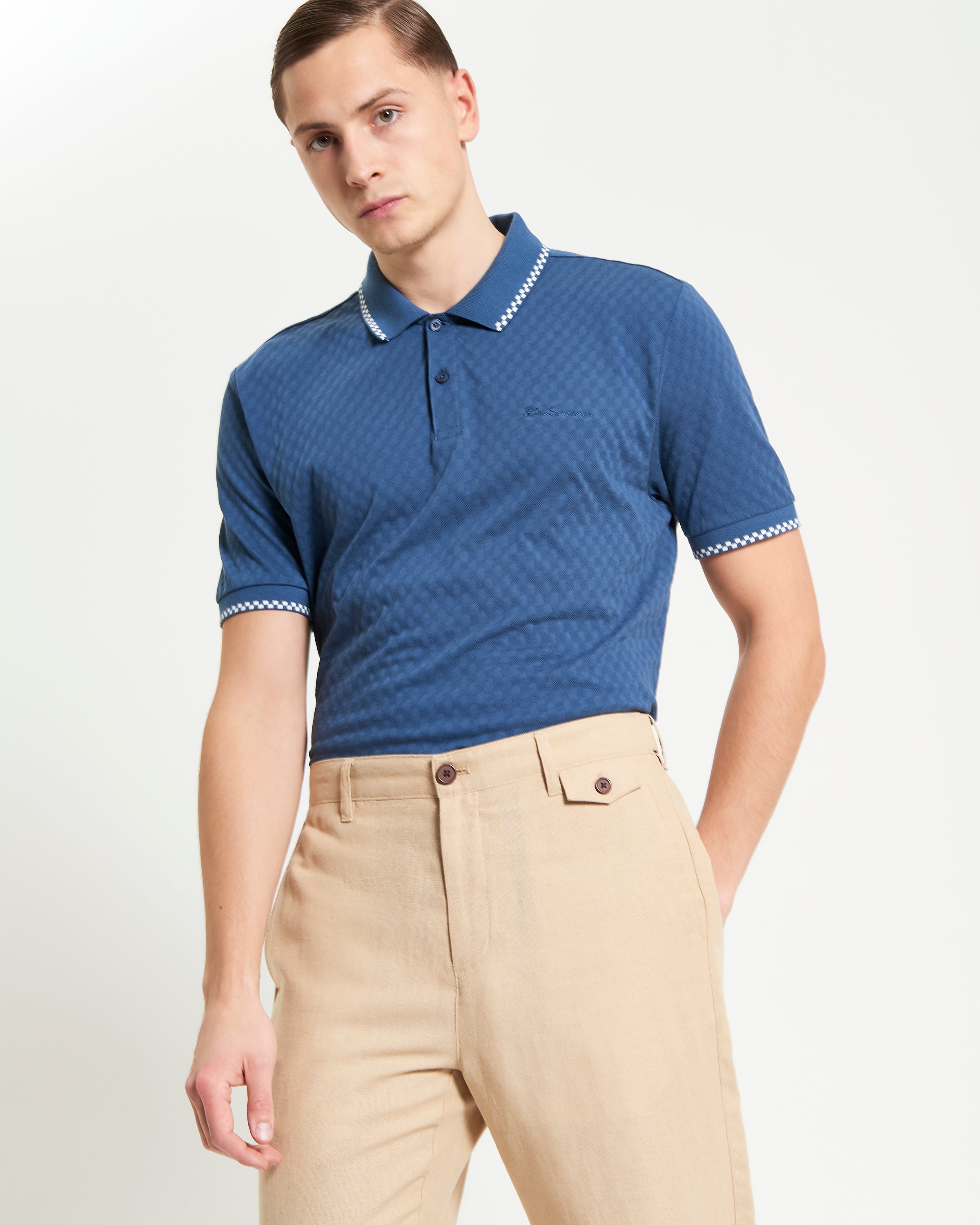 Chequerboard Texture Polo – Blue – Relaxed fit piqué polo with two button placket by Ben Sherman.