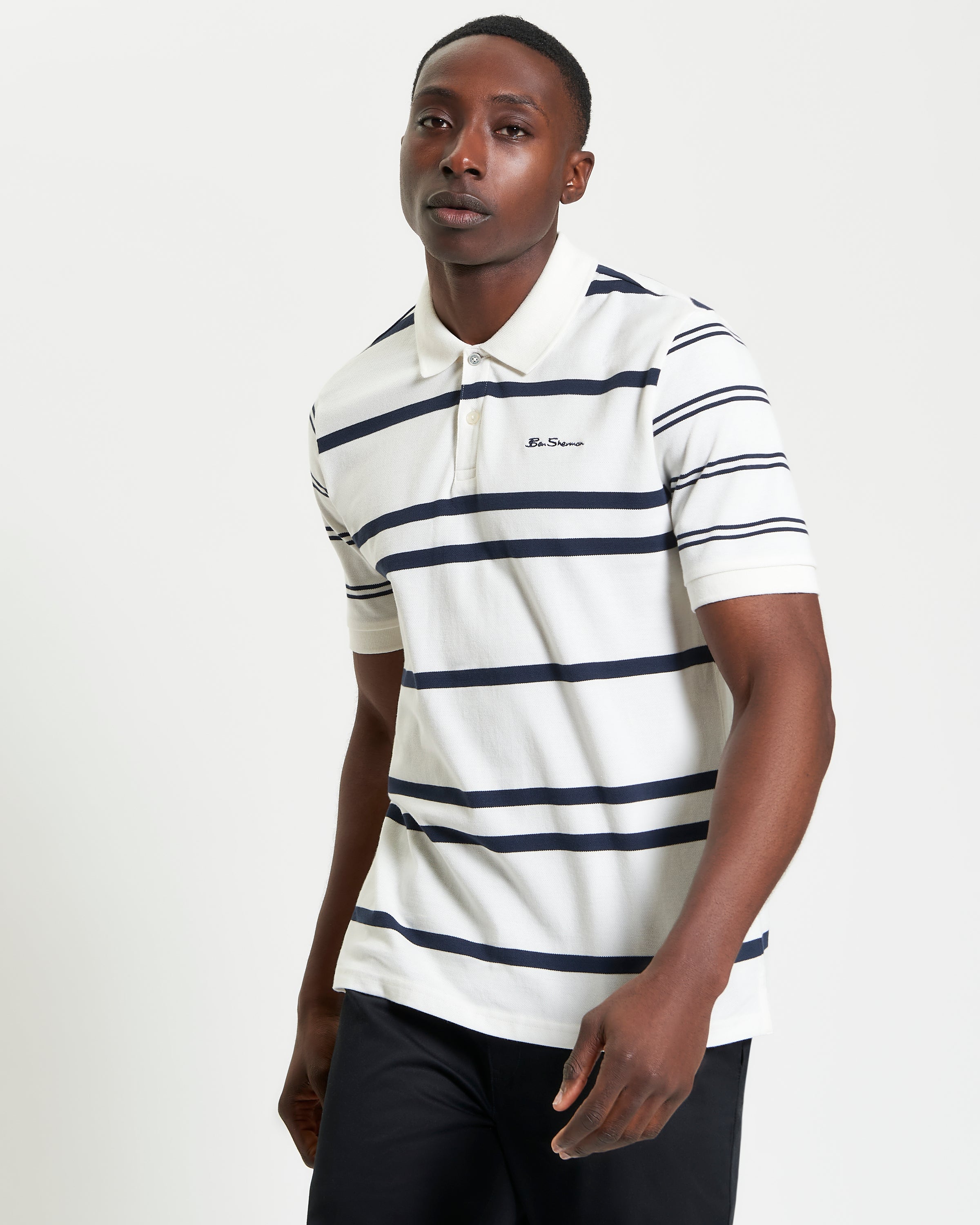 Mixed Stripe Polo – White and Navy Horizontal Stripes with Ben Sherman Embroidery