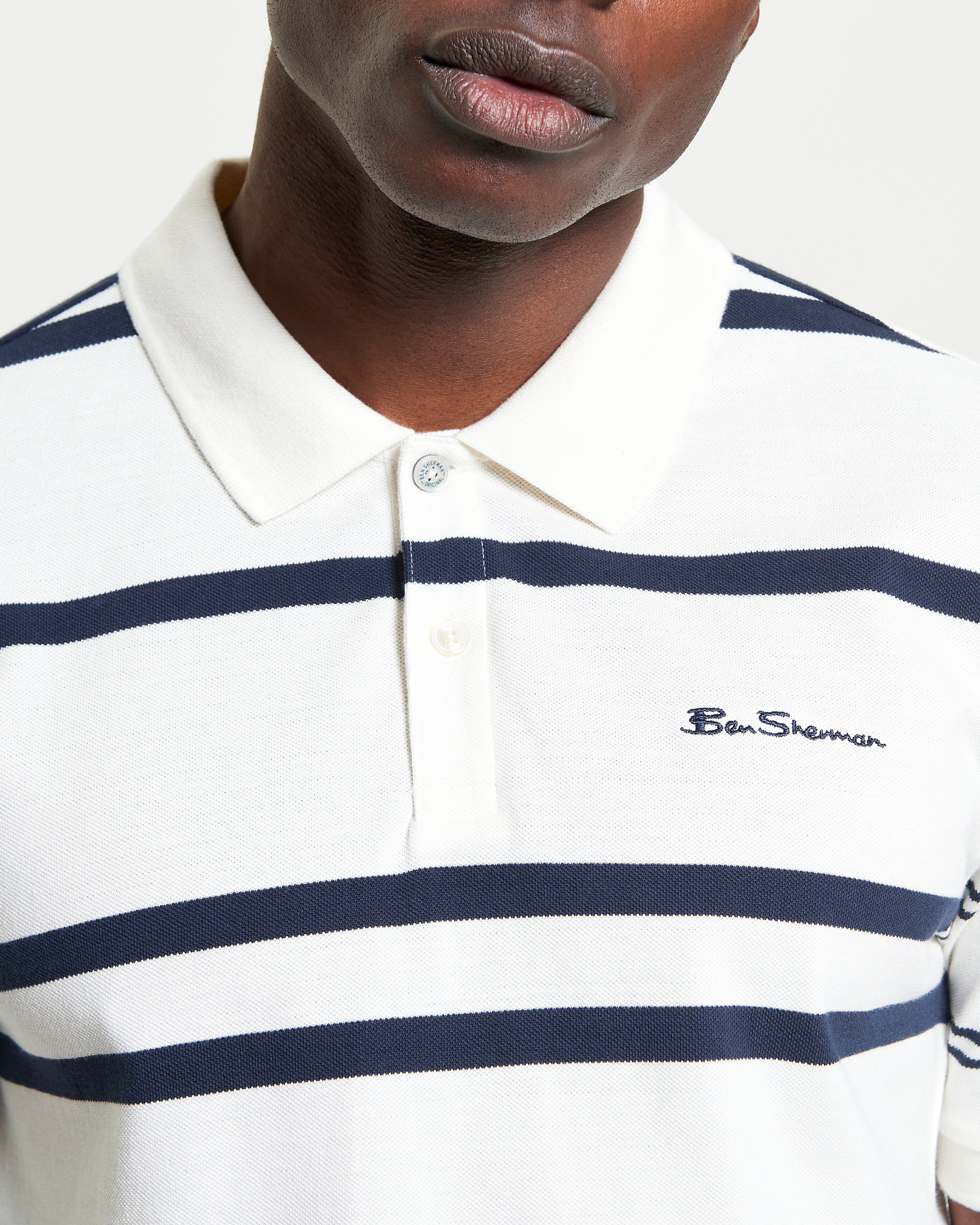 Mixed Stripe Polo – White and Navy Stripe – Ben Sherman Chest Embroidery