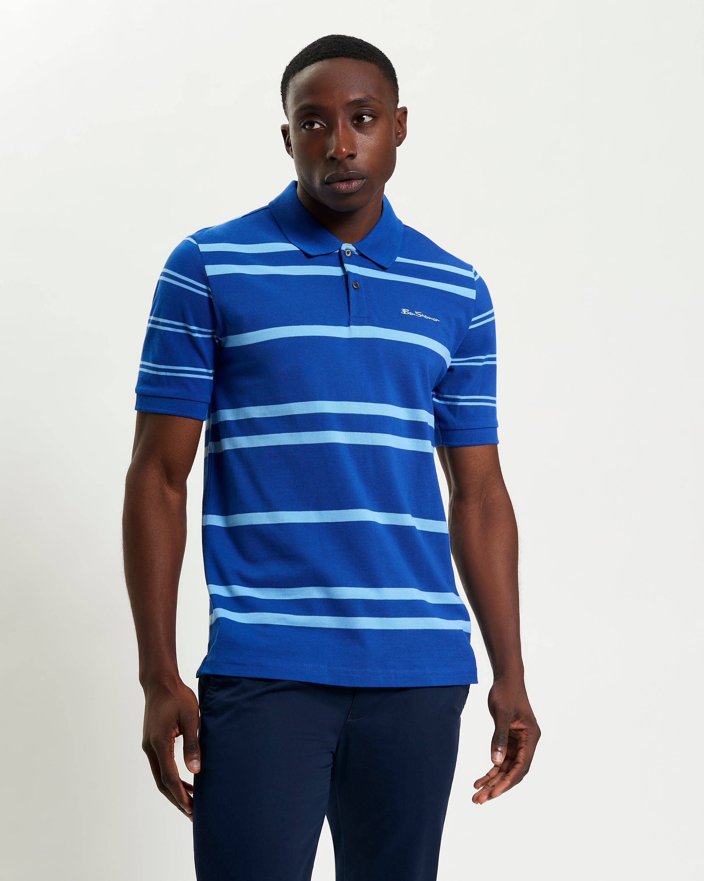 Mixed Stripe Polo – Blue – Horizontal stripe design with relaxed fit and Ben Sherman embroidery.