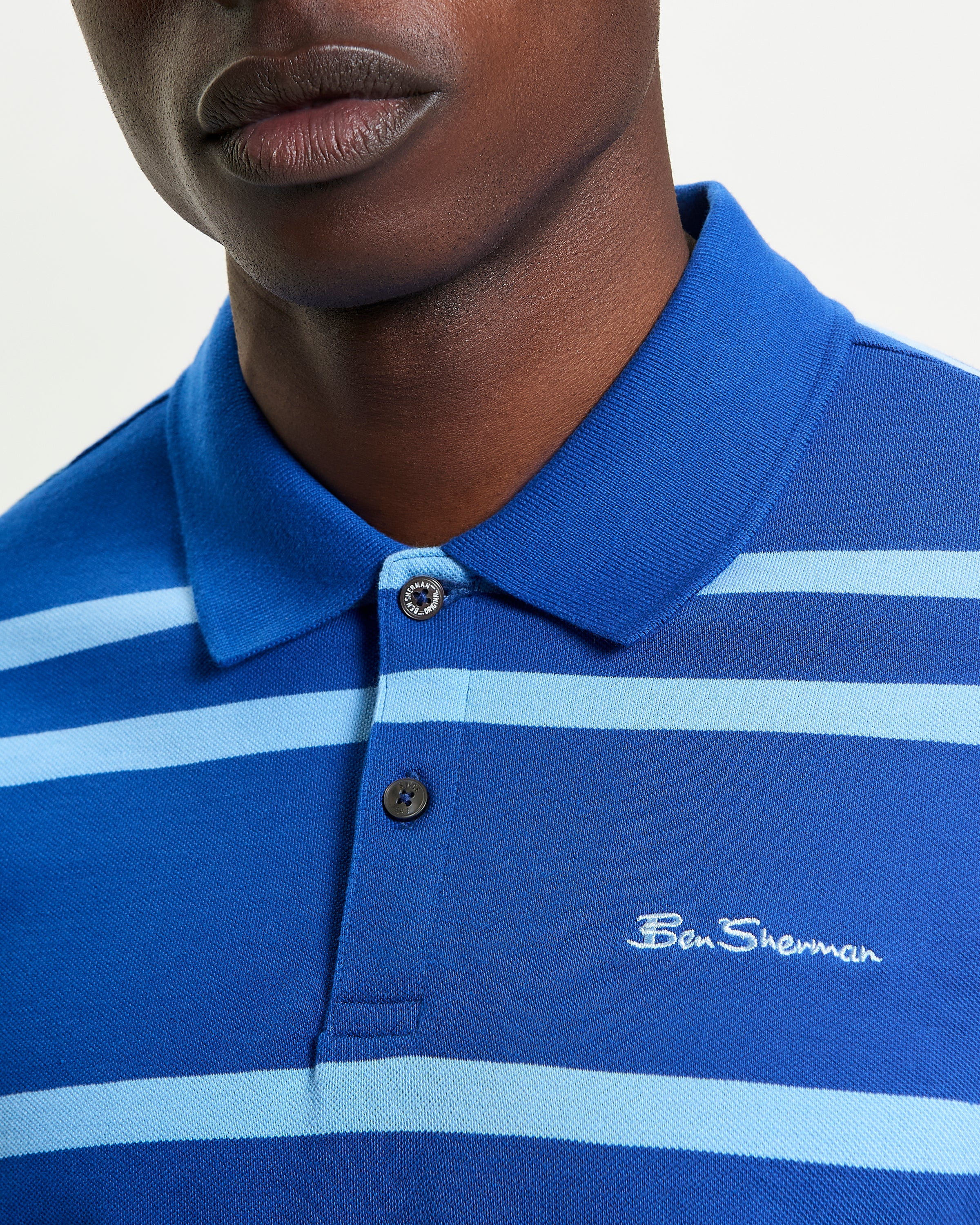 Mixed Stripe Polo – Blue – Close-up of Ben Sherman polo shirt with horizontal stripes and logo
