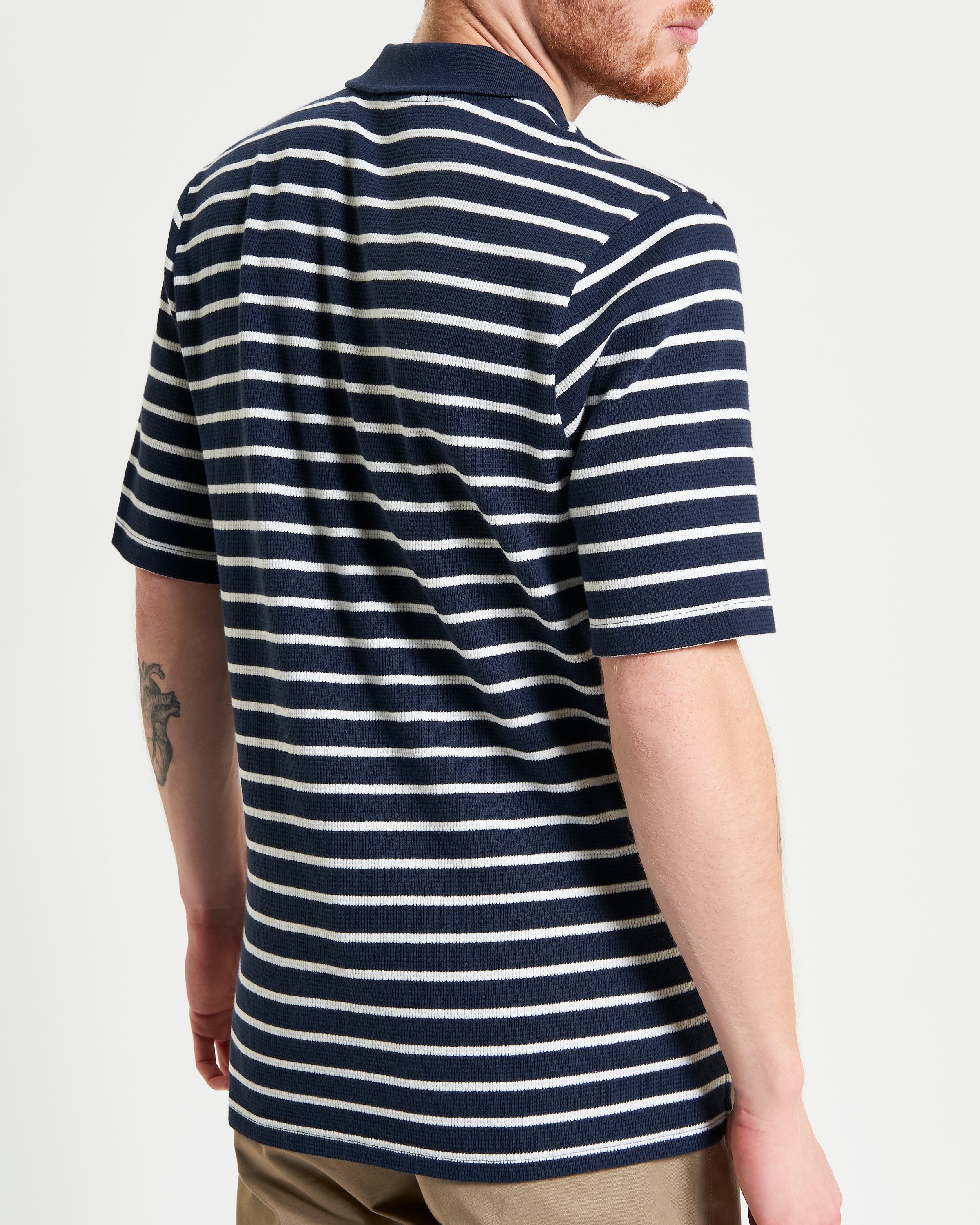 Waffle Stripe Polo – navy and white horizontal stripes, relaxed fit with open neck placket, by Ben Sherman.