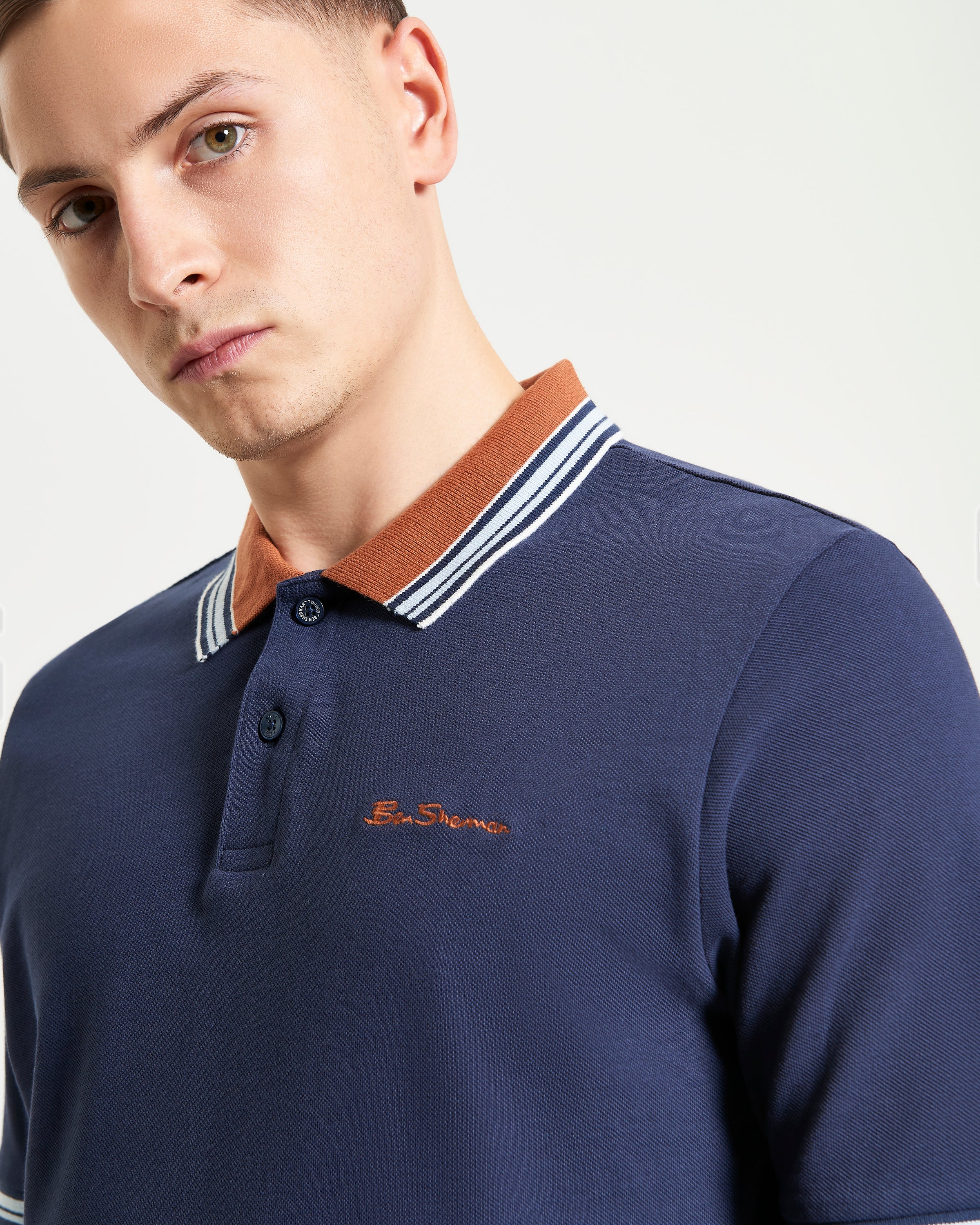 House Collar Polo – Navy with contrast stripe tipping collar and cuff by Ben Sherman.