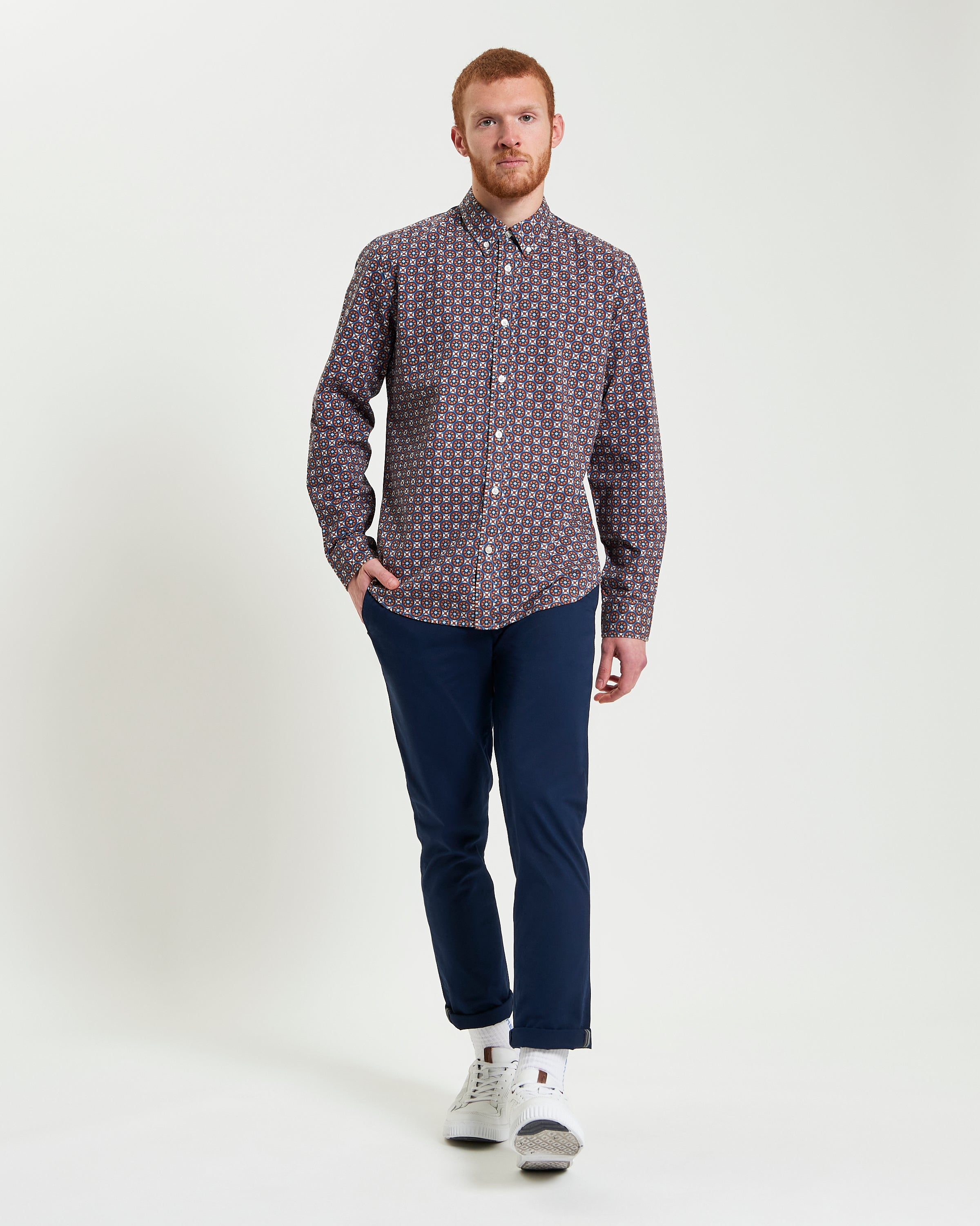 Block Foulard Print long-sleeve shirt styled with navy chinos and white sneakers, perfect for smart-casual occasions.