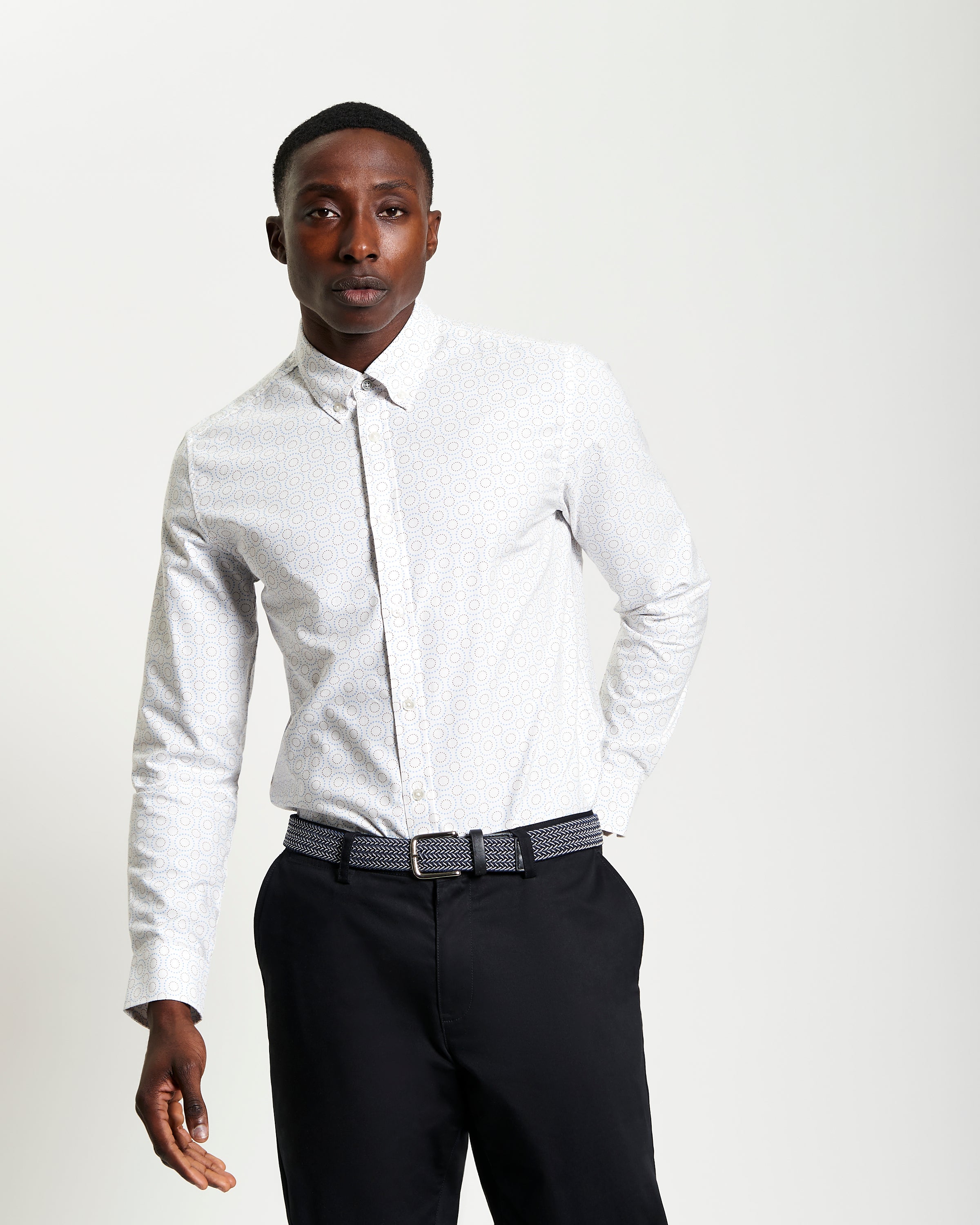 Stipple Spot Print – long sleeve cotton shirt with modern fit and curved hem for smart-casual style.