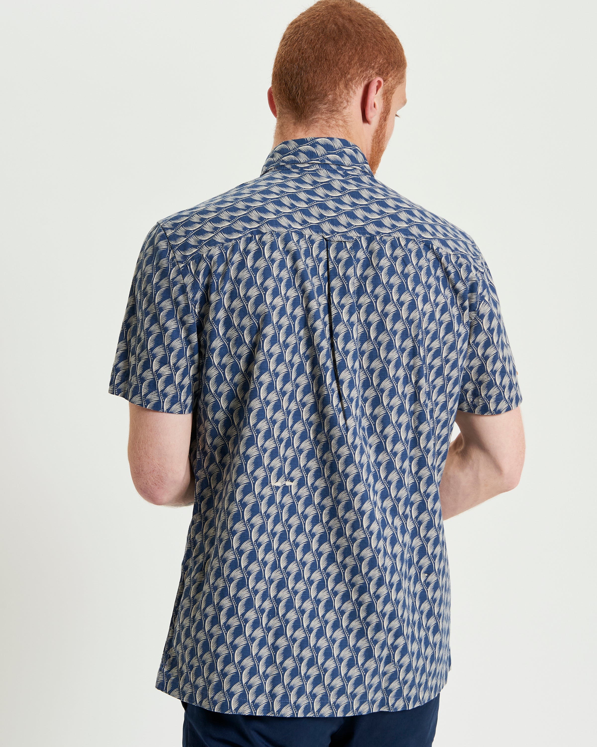 Block Leaf Print Shirt – Back view showcasing the bold leaf pattern and three-finger button-down collar.