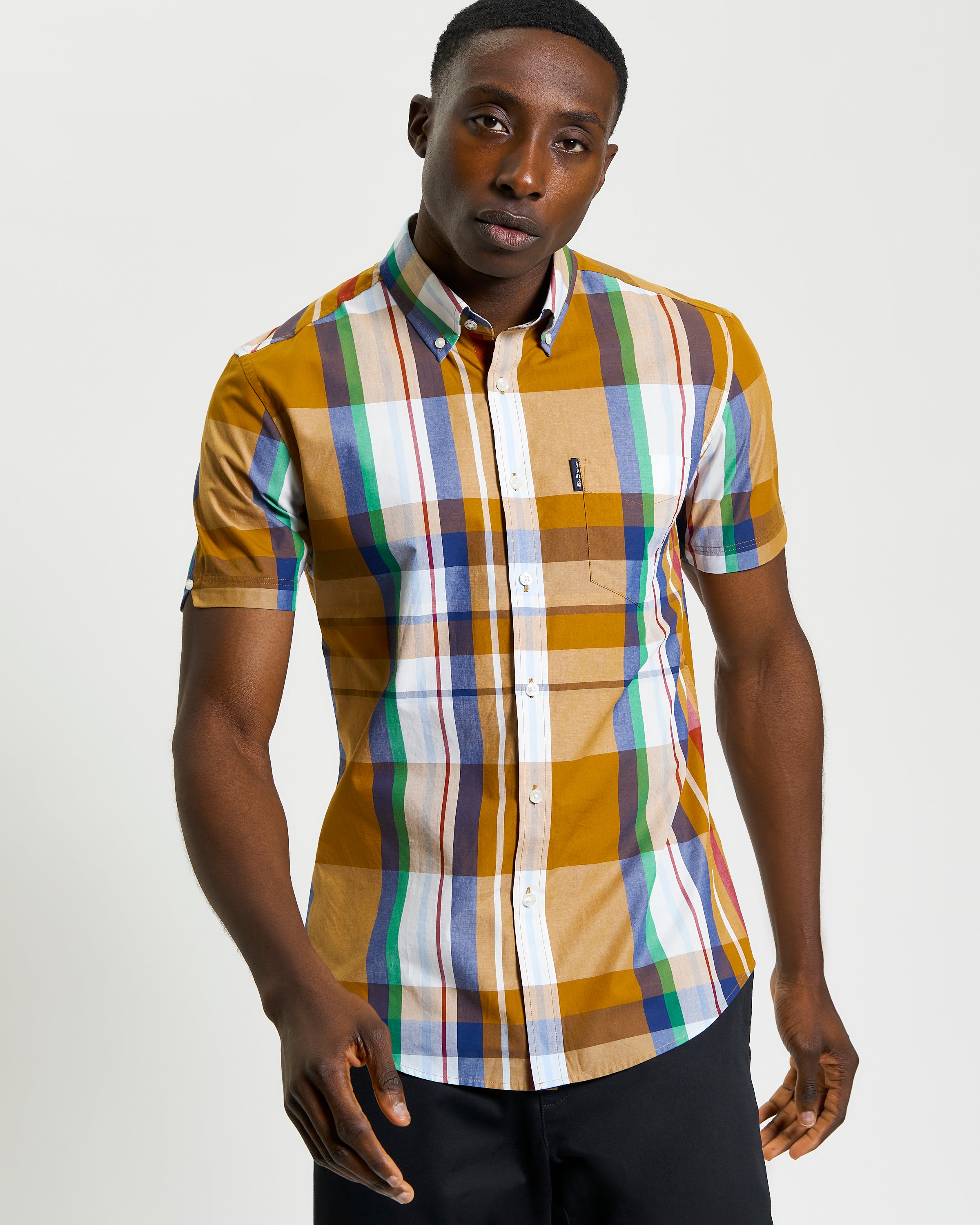 Large Madras Check short sleeve shirt with vibrant check palette and button-down collar.