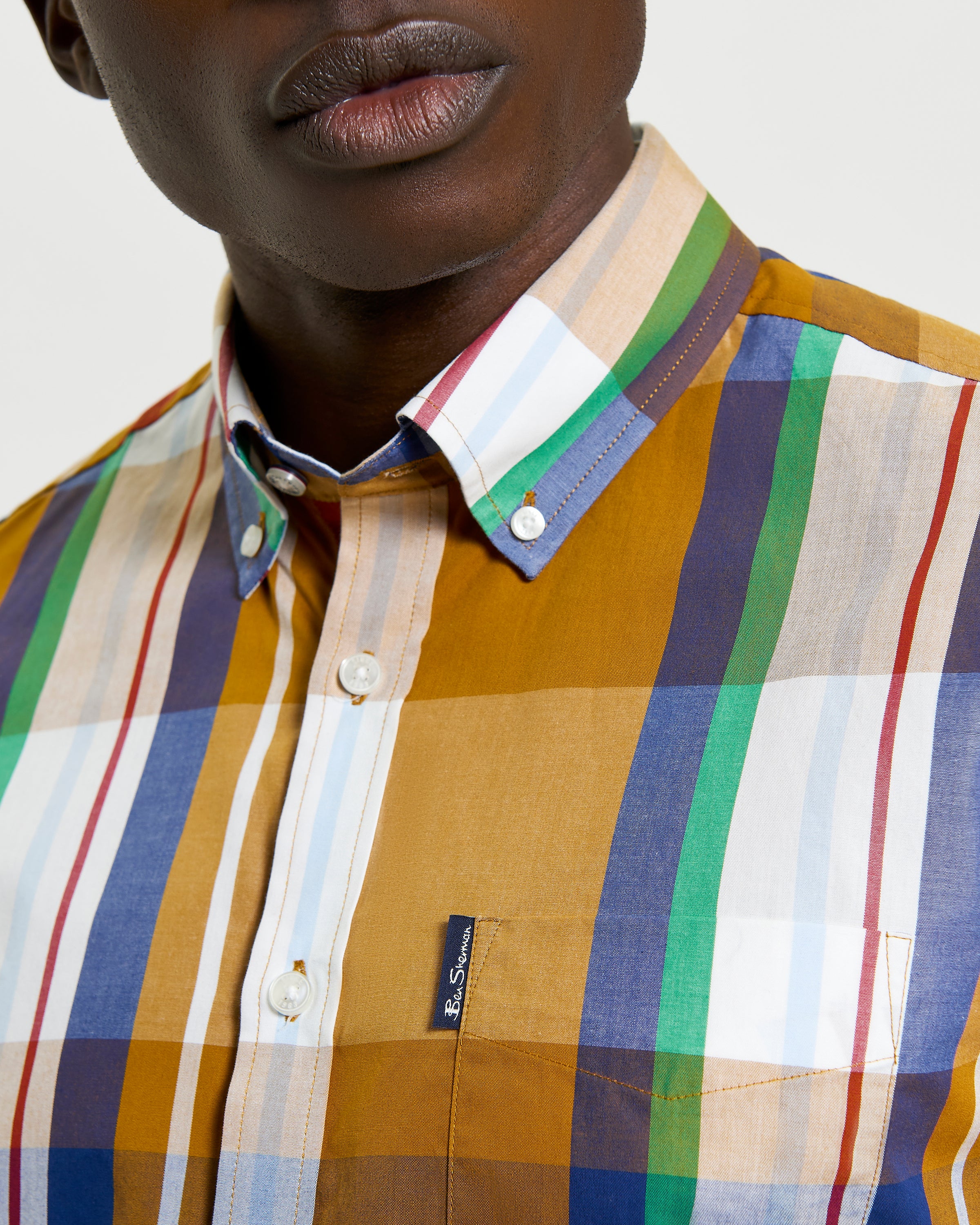 Large Madras Check short sleeve shirt in vibrant check palette with button-down collar and signature Ben Sherman label.