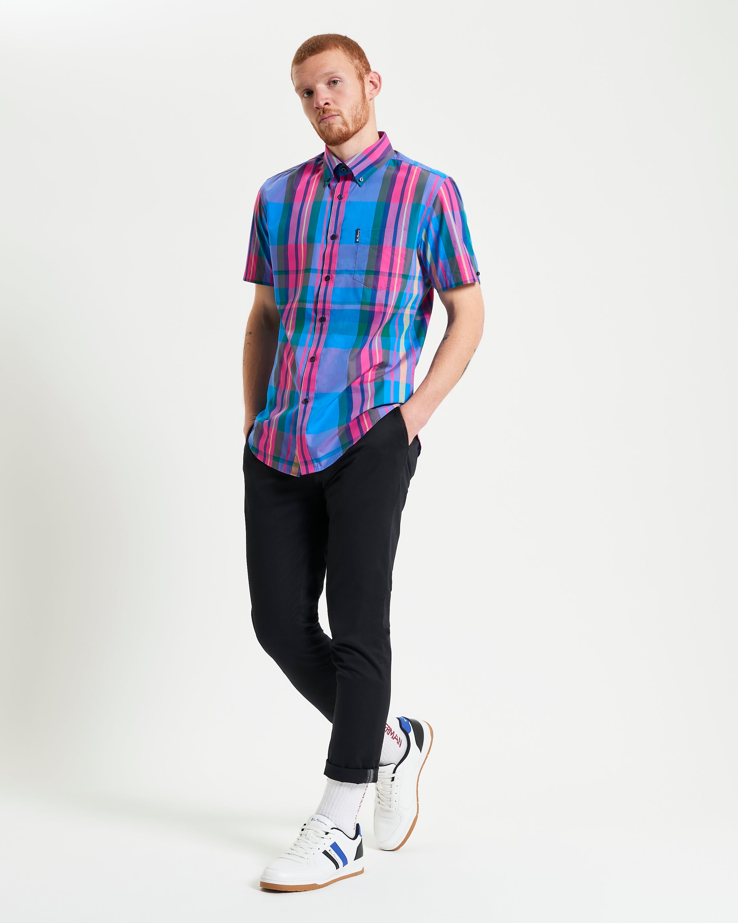 Large Madras Check short sleeve shirt in vibrant pink and blue check pattern, perfect for casual summer style.
