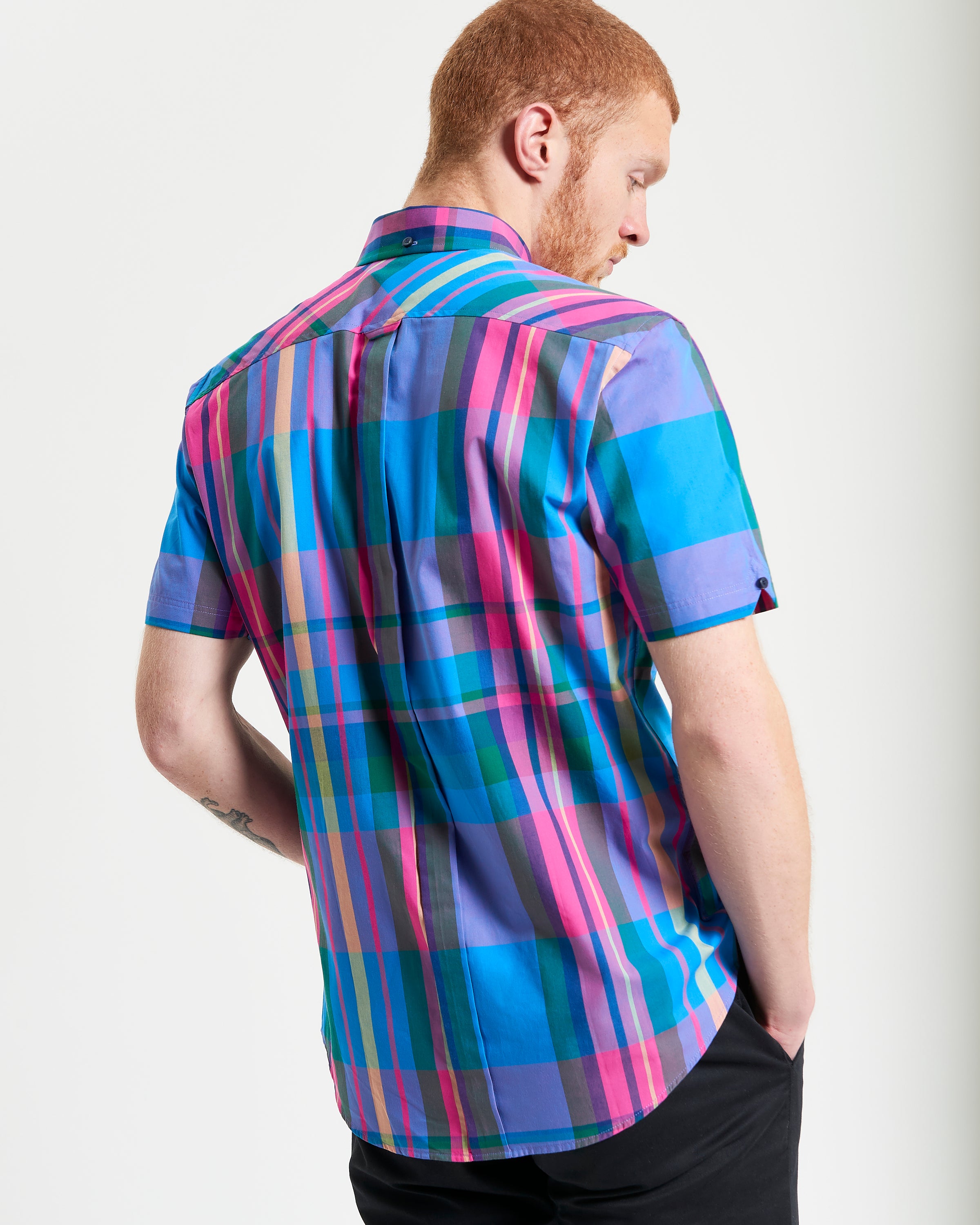 Large Madras Check short sleeve shirt – vibrant check pattern and classic three-finger button-down collar.