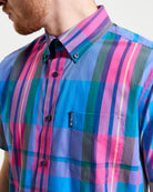 Large Madras Check short sleeve shirt showcasing vibrant plaid pattern and classic three-finger button-down collar.
