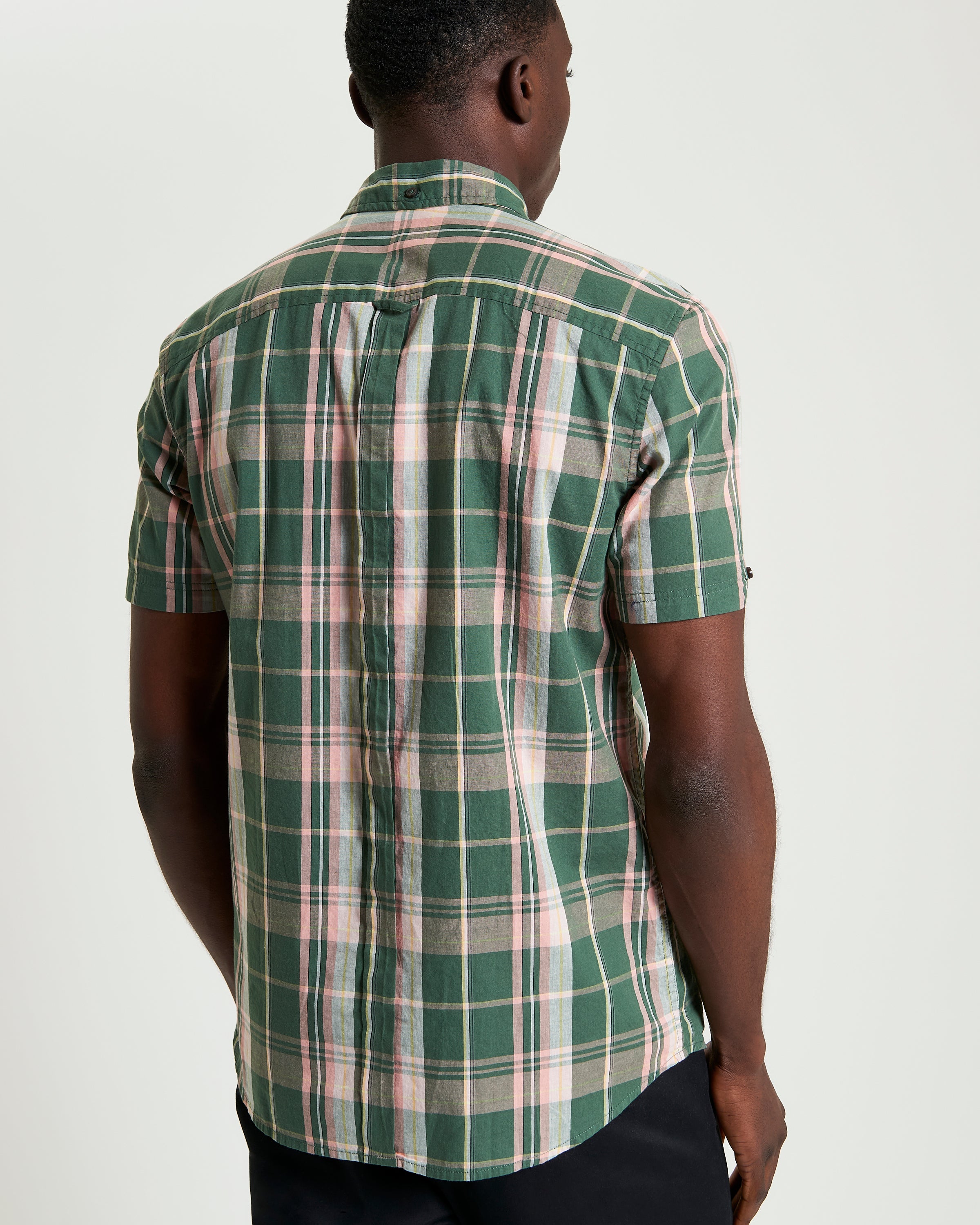 Slub Check shirt in green and pink plaid, showcasing the back view and short sleeves, perfect for warm-weather style.