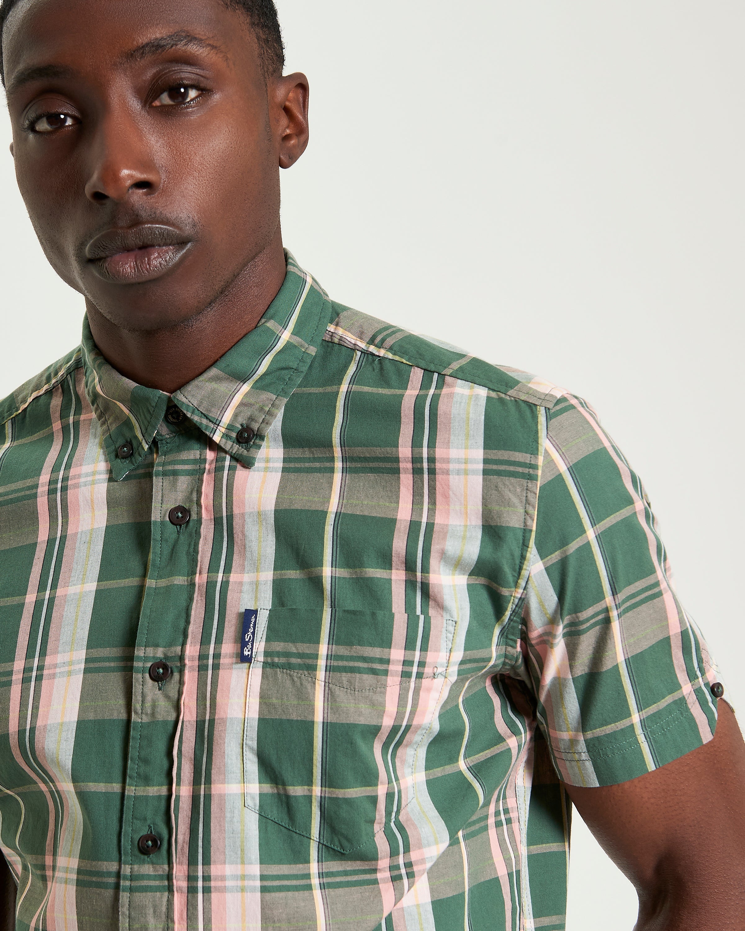 Slub Check short sleeve shirt in green and pink plaid with button-down collar and chest pocket
