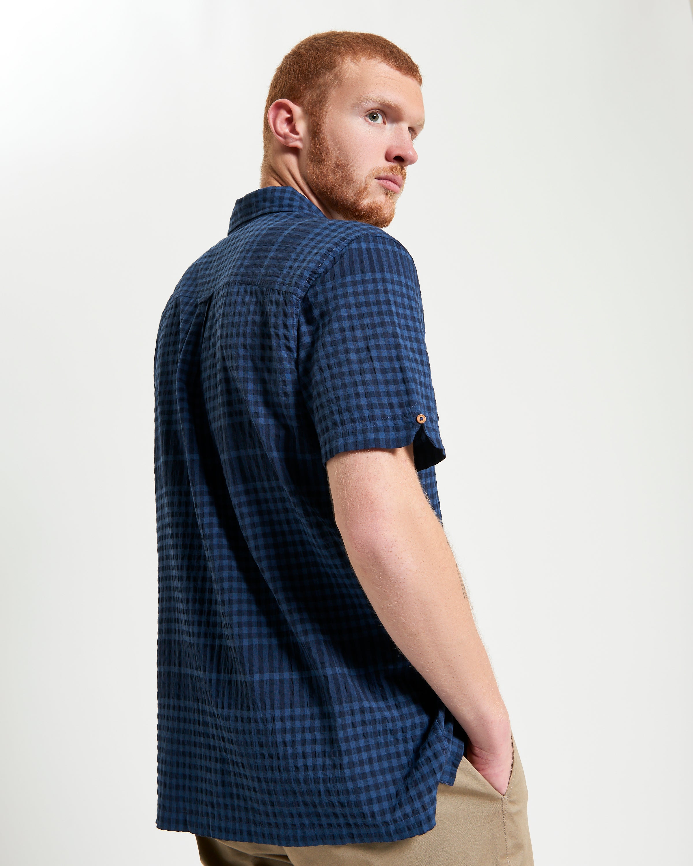 Seersucker Gingham – men's short sleeve shirt in navy check pattern, featuring a revere collar and relaxed fit.
