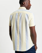 Oxford Stripe – Yellow Striped Short Sleeve Shirt with Curved Hem and Button-Down Collar.