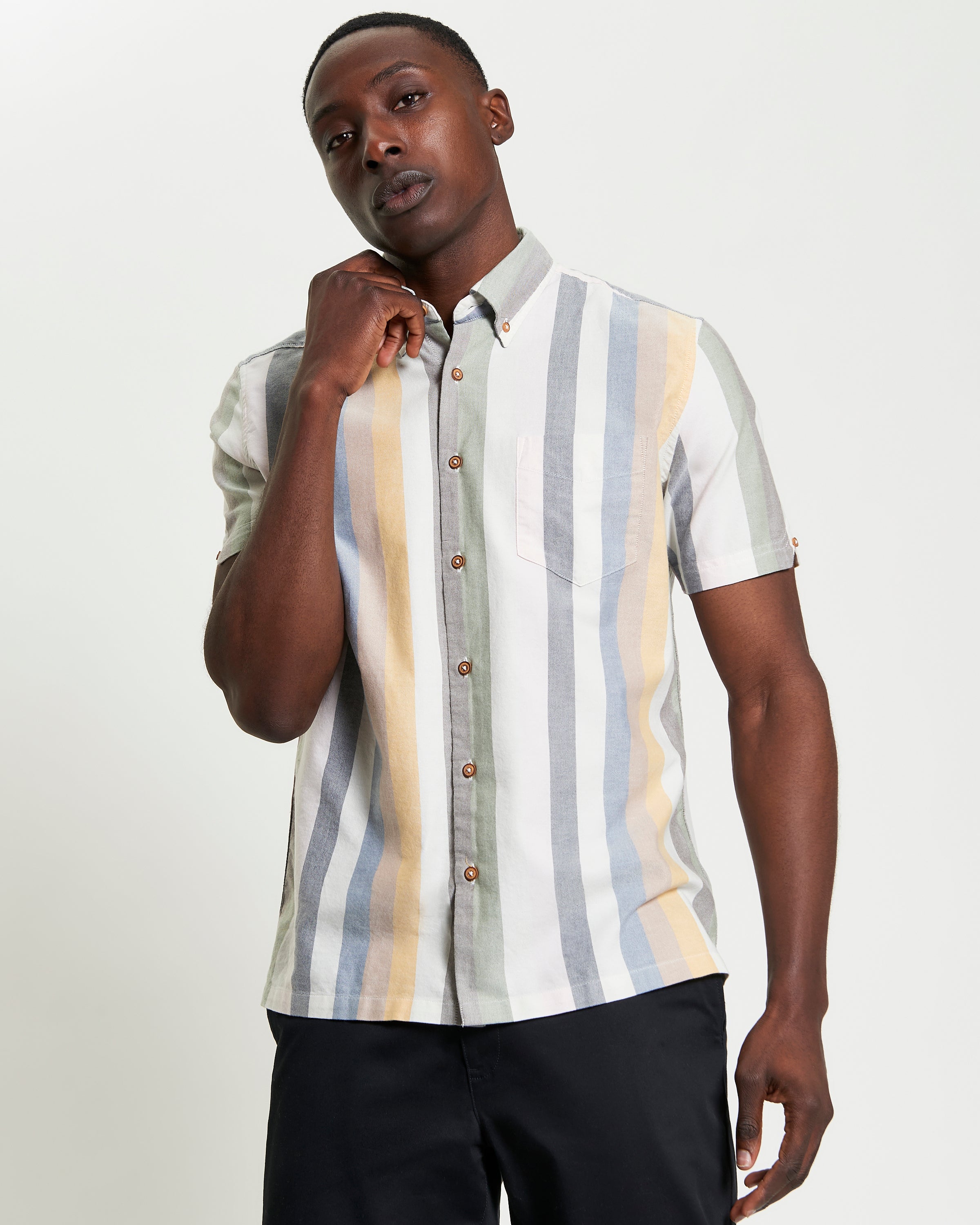 Candy Stripe – Short sleeve shirt with a three-finger button down collar and bright multi-colored stripes.