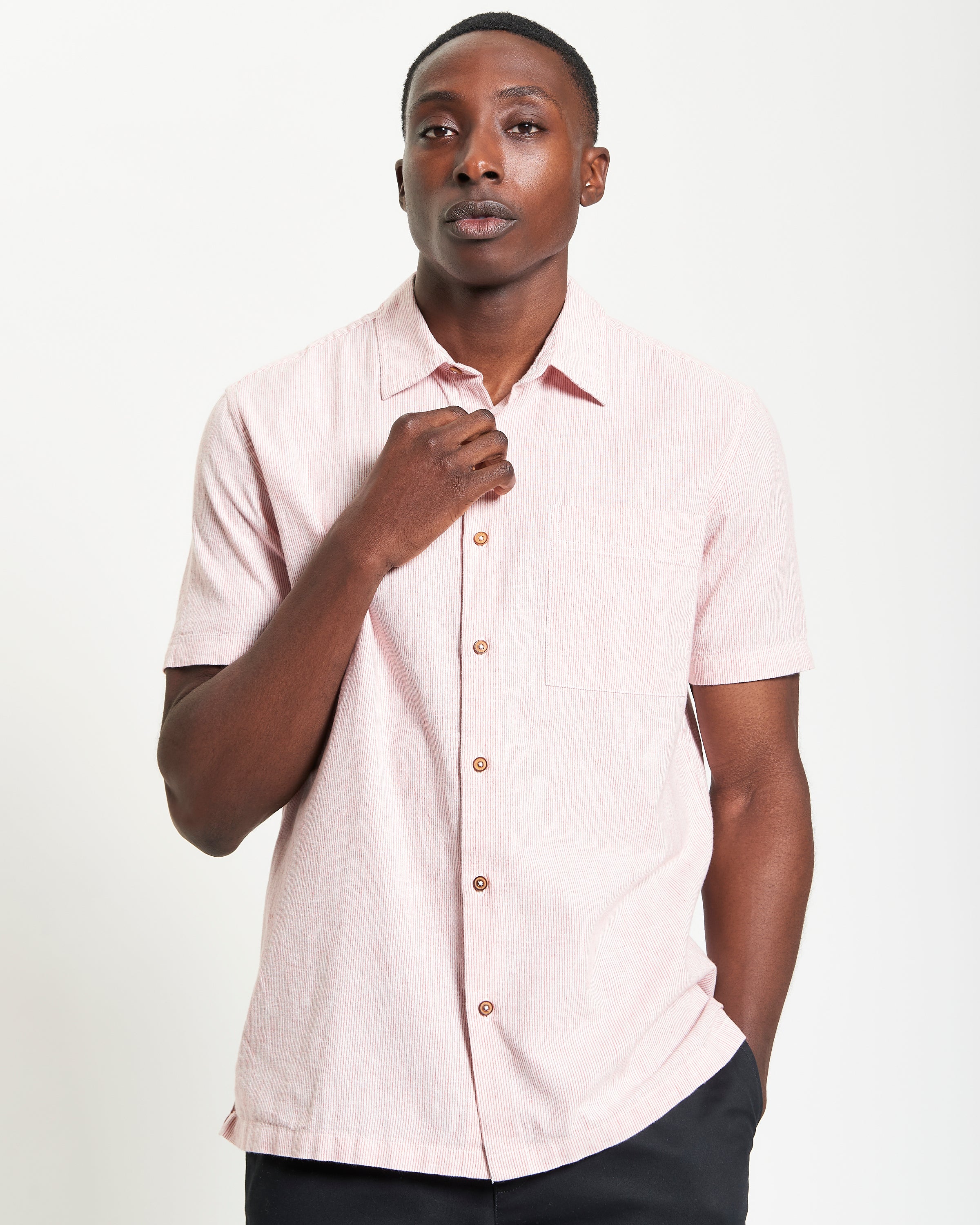 Ticking Stripe Shirt – Short-sleeve cotton-linen blend shirt in light pink with point collar and chest pocket.