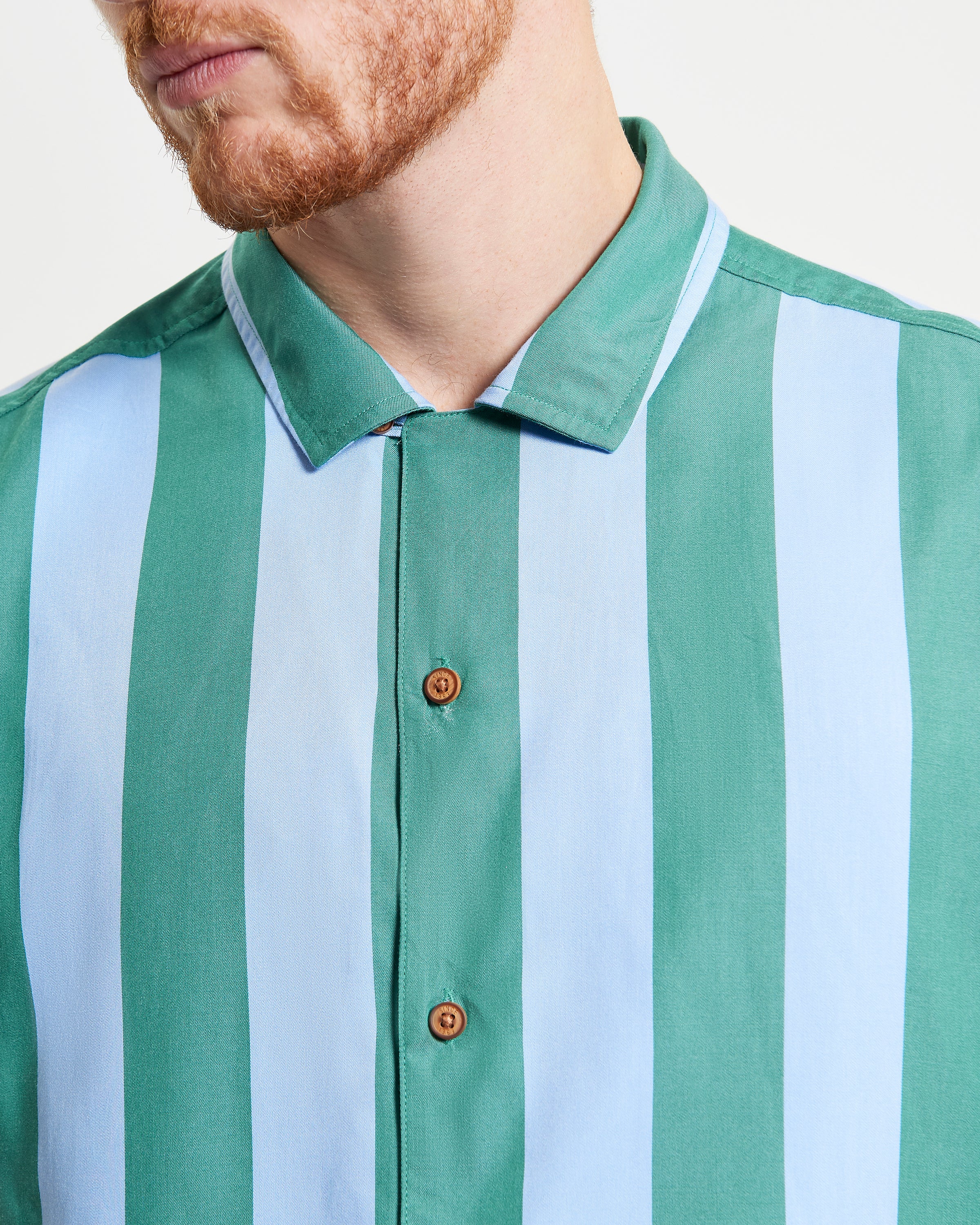 Viscose Stripe Shirt – Green and Blue Stripes, Lightweight, Relaxed Fit Shirt with Revere Collar and Short Sleeves.