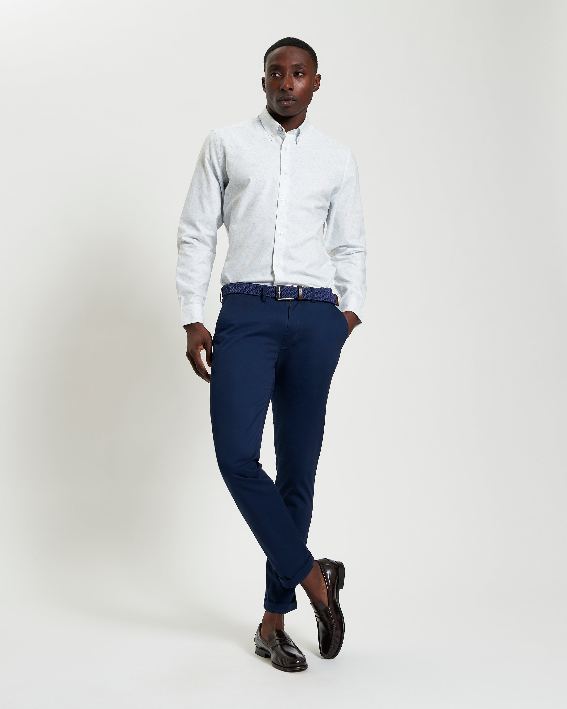 Seagull Print Shirt worn with navy pants, showcasing summer style and casual sophistication.