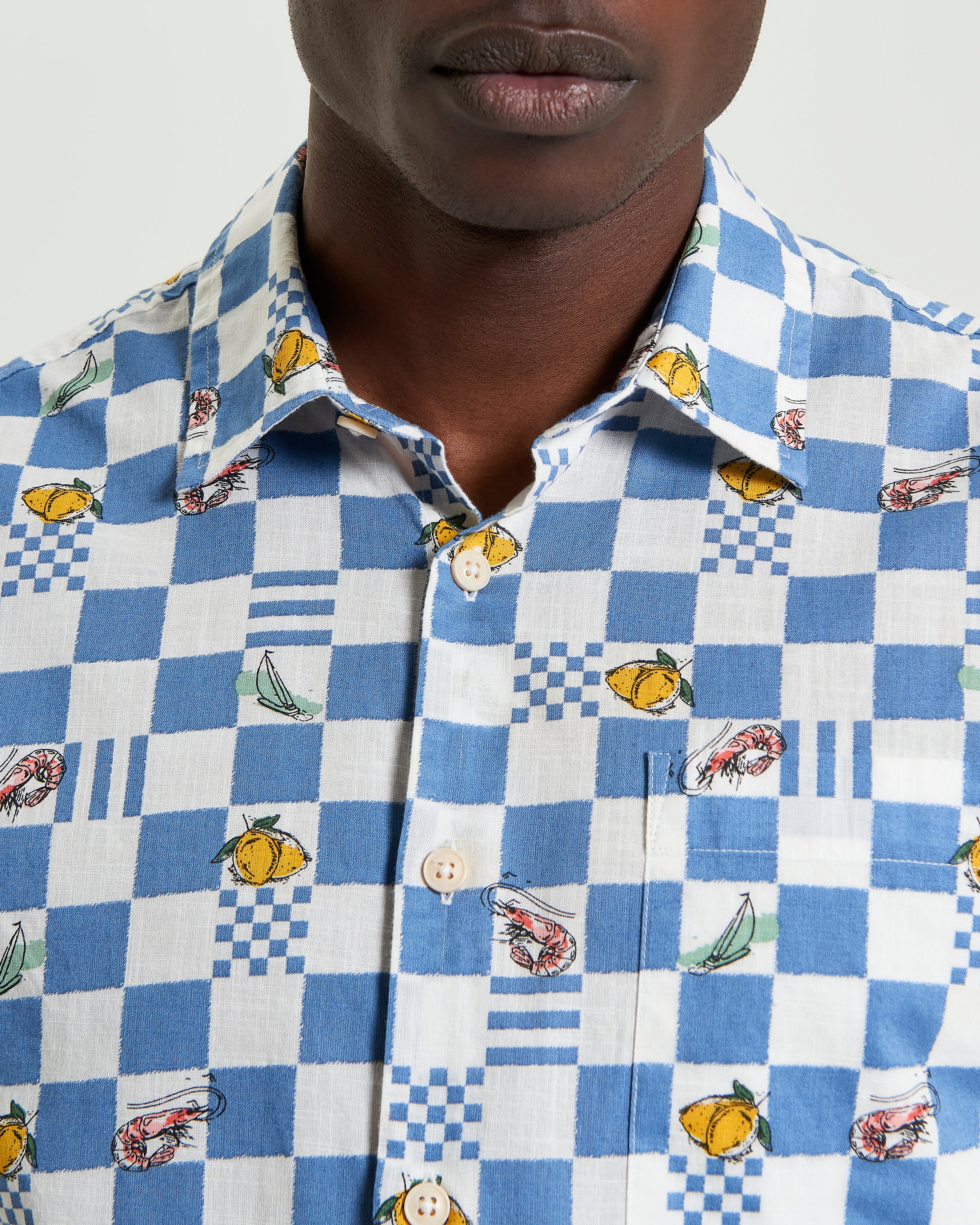 Chequerboard Print – Stylish blue and white shirt with graphic motifs and classic tailoring details.
