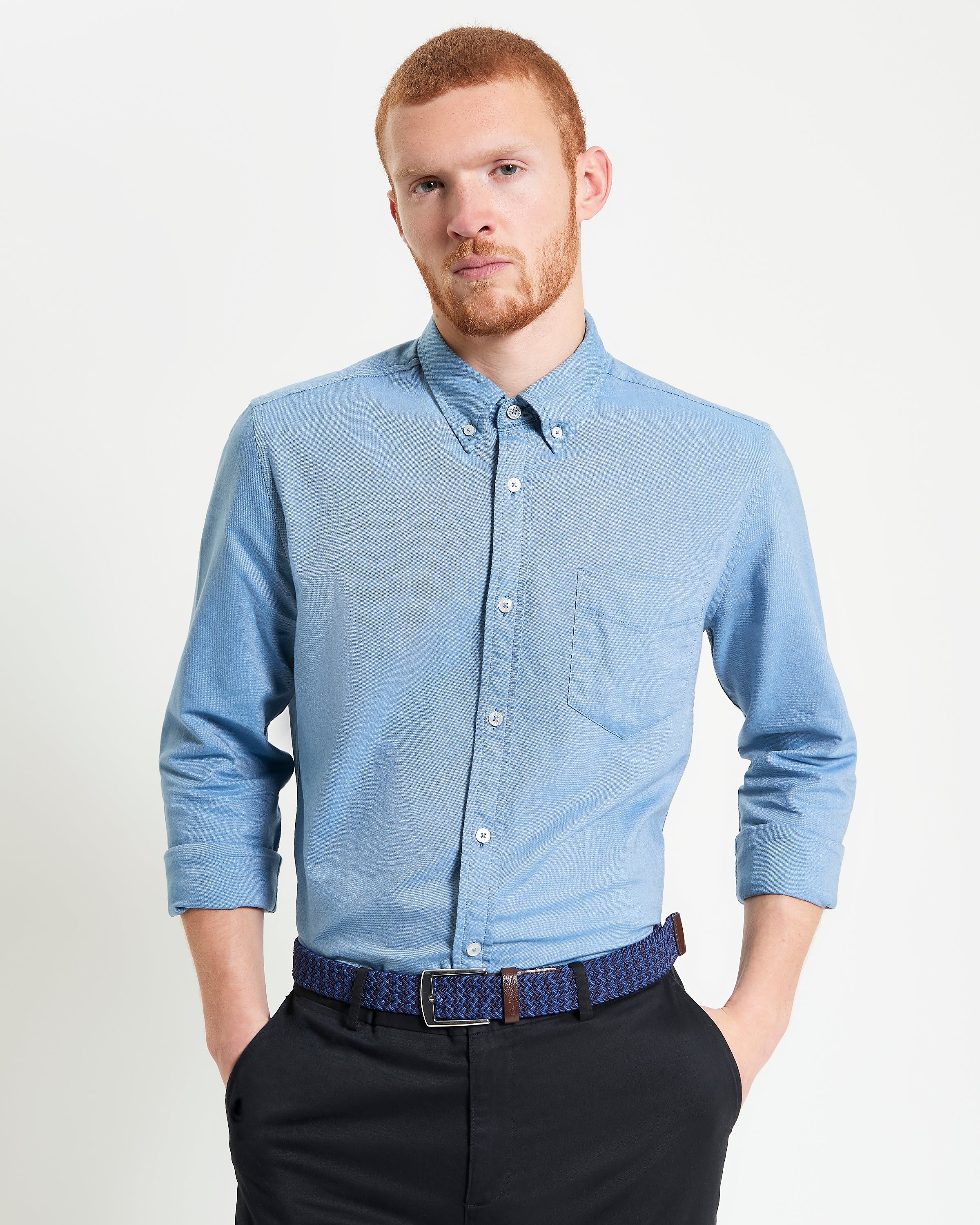 Signature Oxford Long Sleeve Shirt – Light Blue – Breathable organic cotton shirt for casual and formal wear.