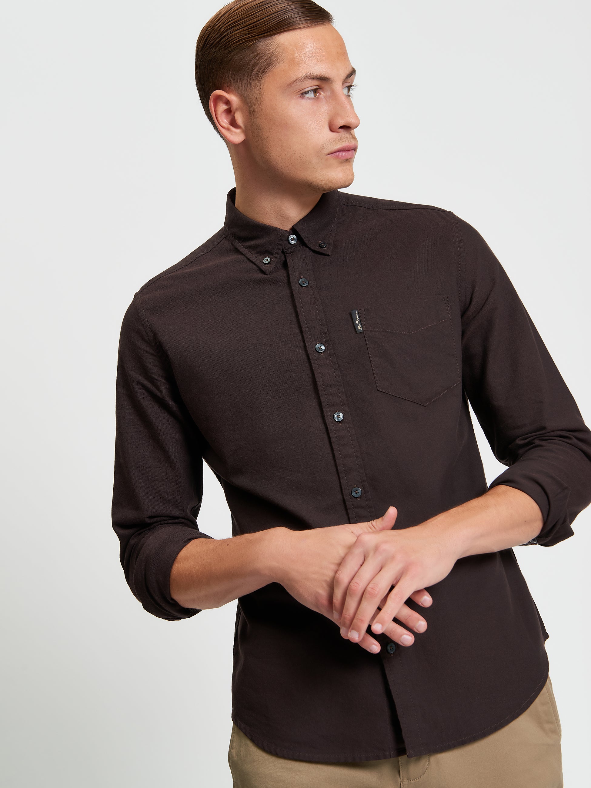 Signature Oxford Long Sleeve Shirt - Brown- Front View