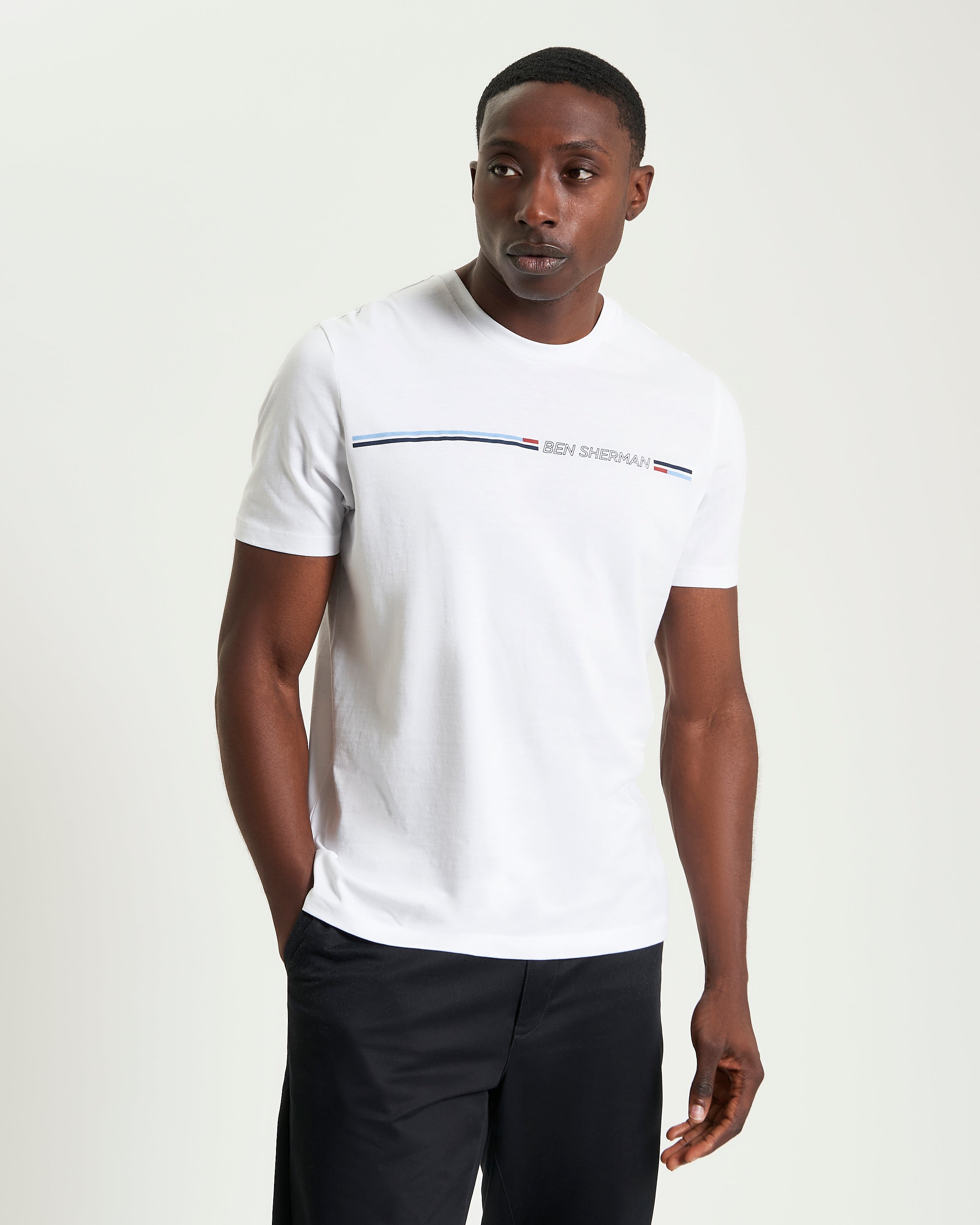 Core Striped Tee – White – Regular fit organic cotton tee with contrast stripe detail by Ben Sherman.