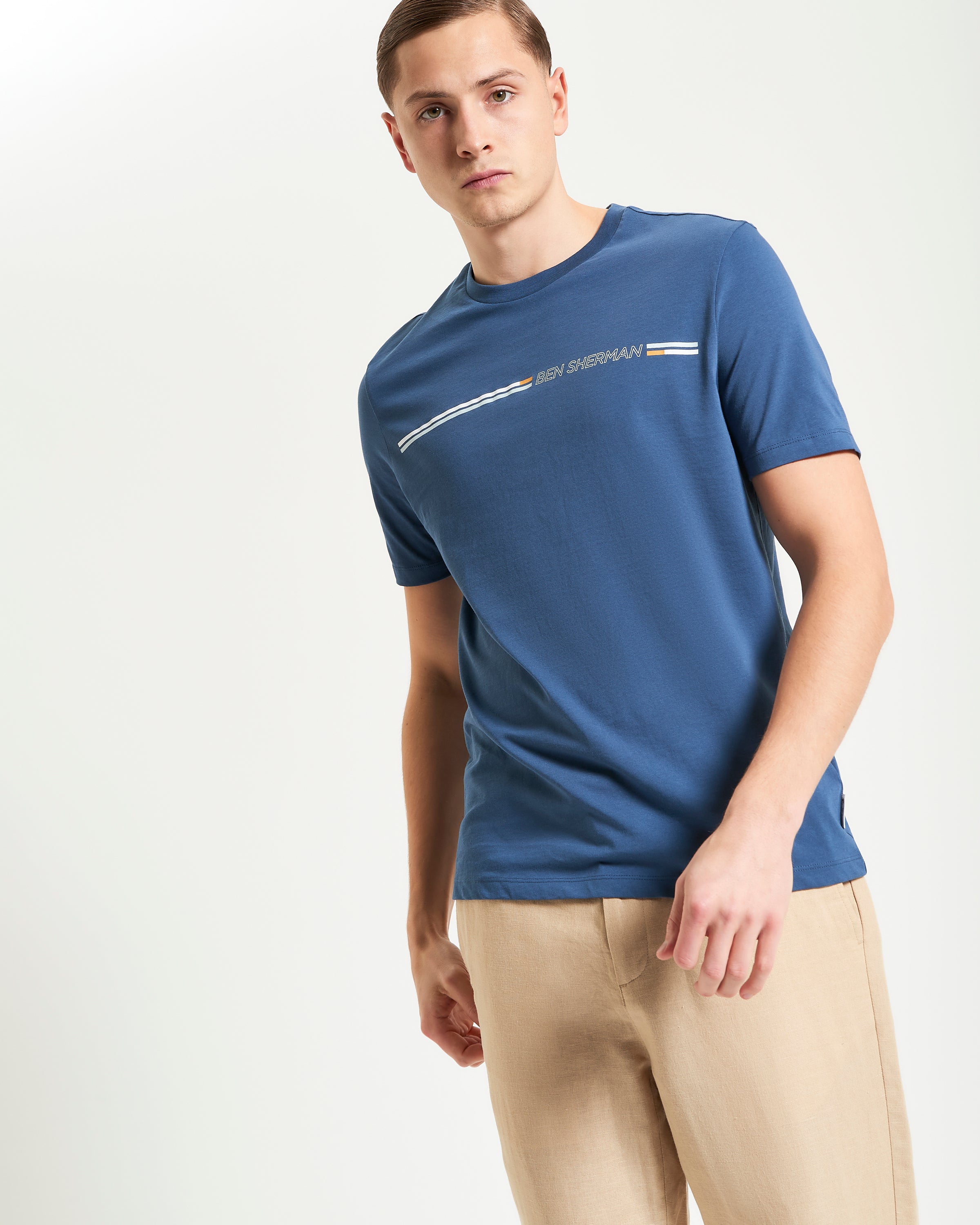 Core Striped Tee – blue organic cotton shirt with contrast stripe by Ben Sherman.