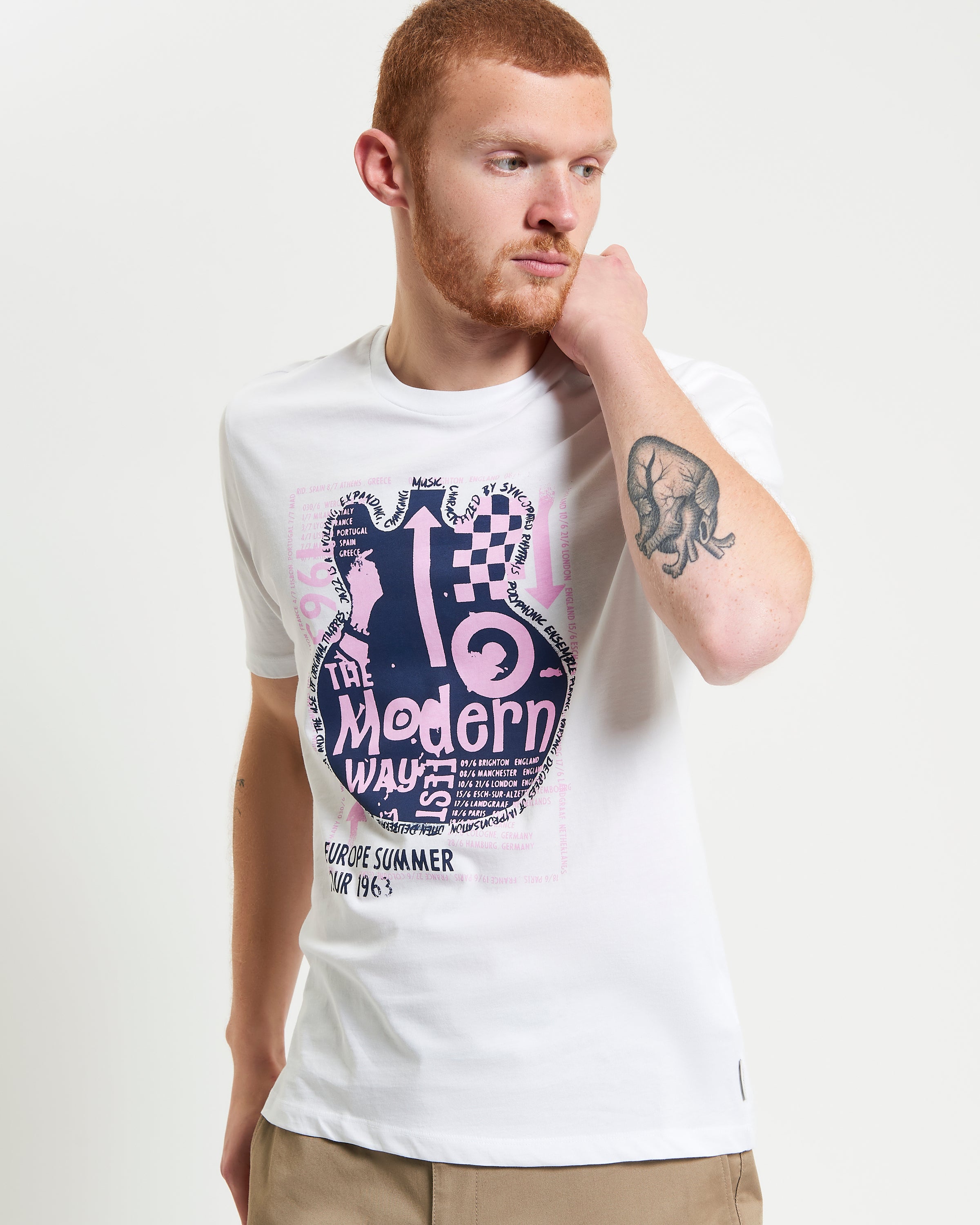 Guitar Poster Tee featuring bold abstract guitar print on white fabric, perfect for casual summer outfits.