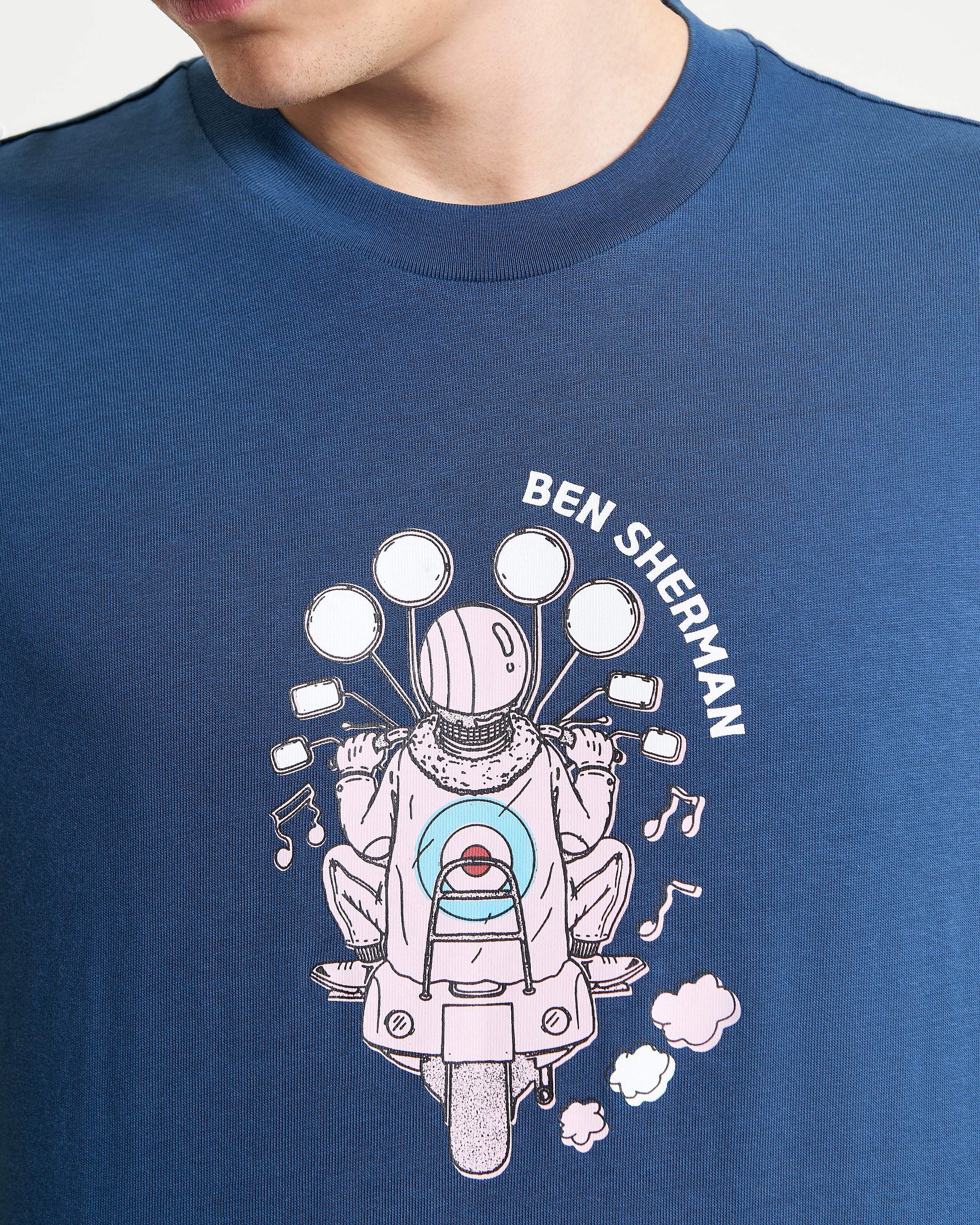 Mod Scooter graphic on blue Ben Sherman Tee, showcasing bold art and vintage style.