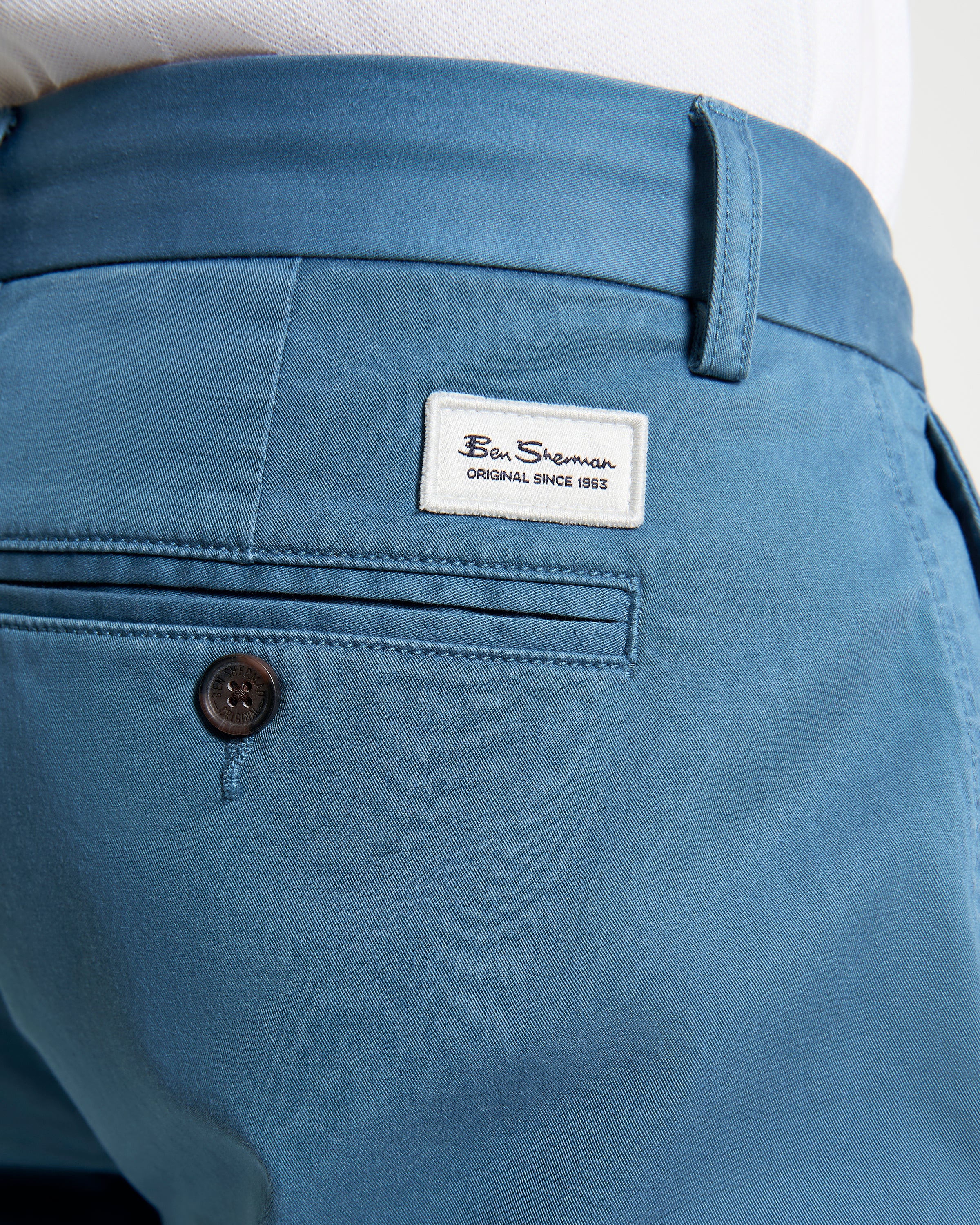 Signature Slim Stretch Chino – Blue – Featuring Ben Sherman branding and detail stitching on back pocket.