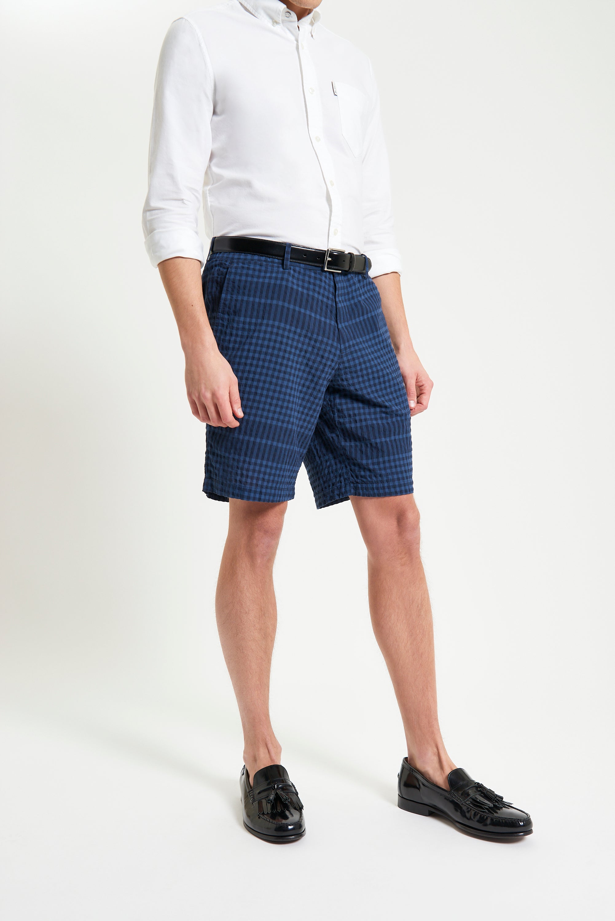 Seersucker Check Short – checked fabric shorts, relaxed fit, side pockets, summer style in blue check pattern.