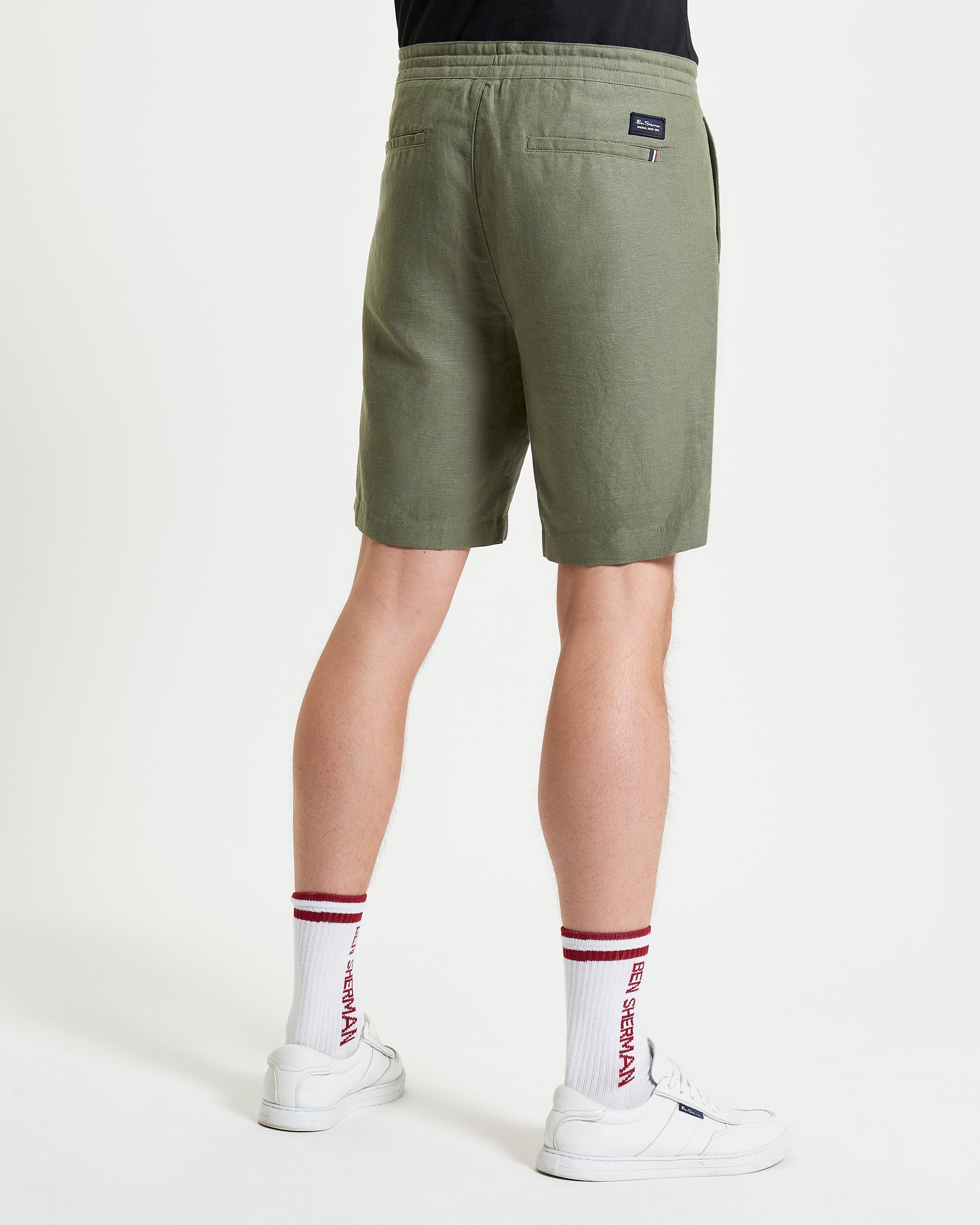 Linen Cotton Drawcord Short – back view showcasing relaxed fit and mod tape detail.