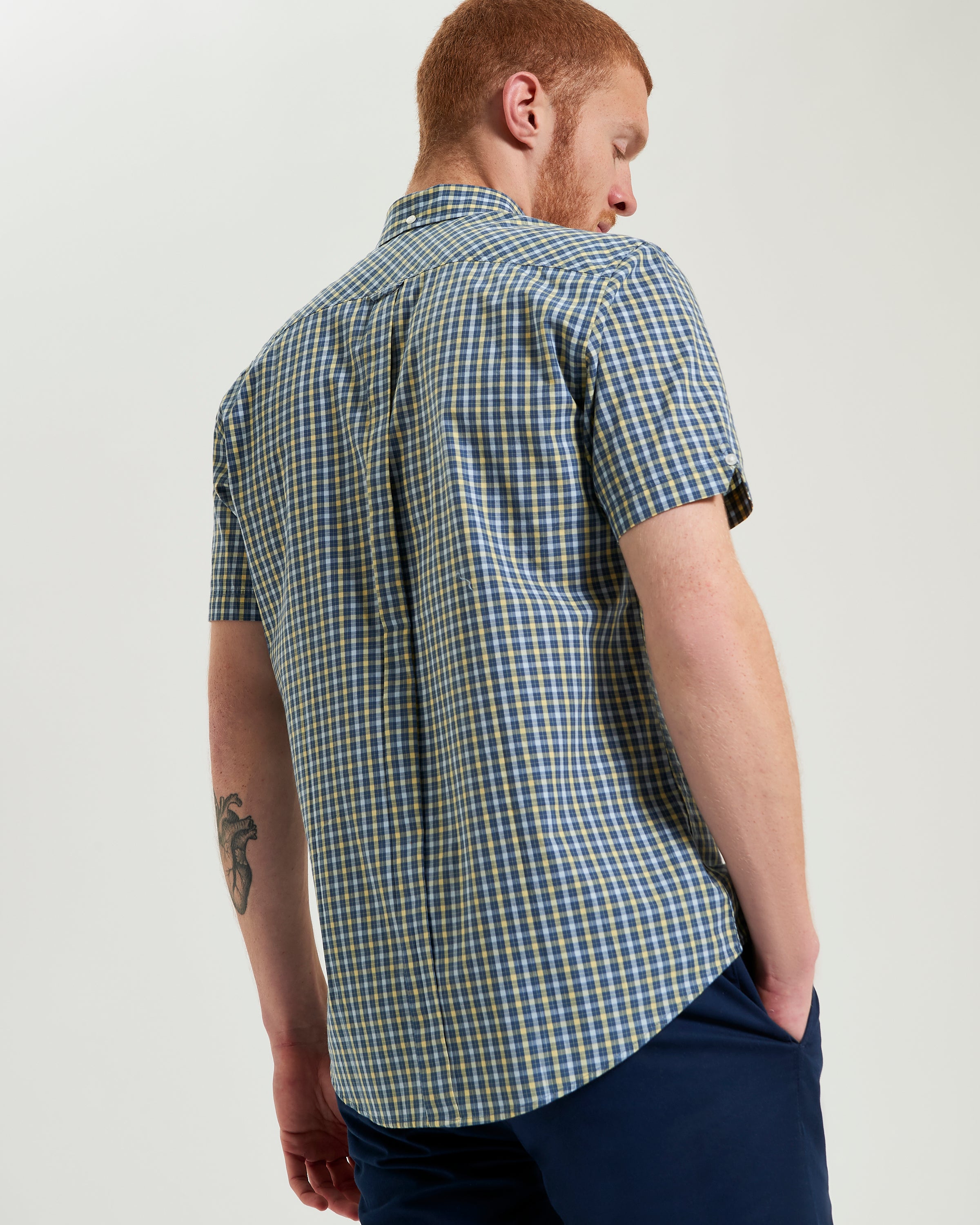 Signature House Check Short Sleeve Shirt – back view showcasing organic cotton craftsmanship and classic check pattern.