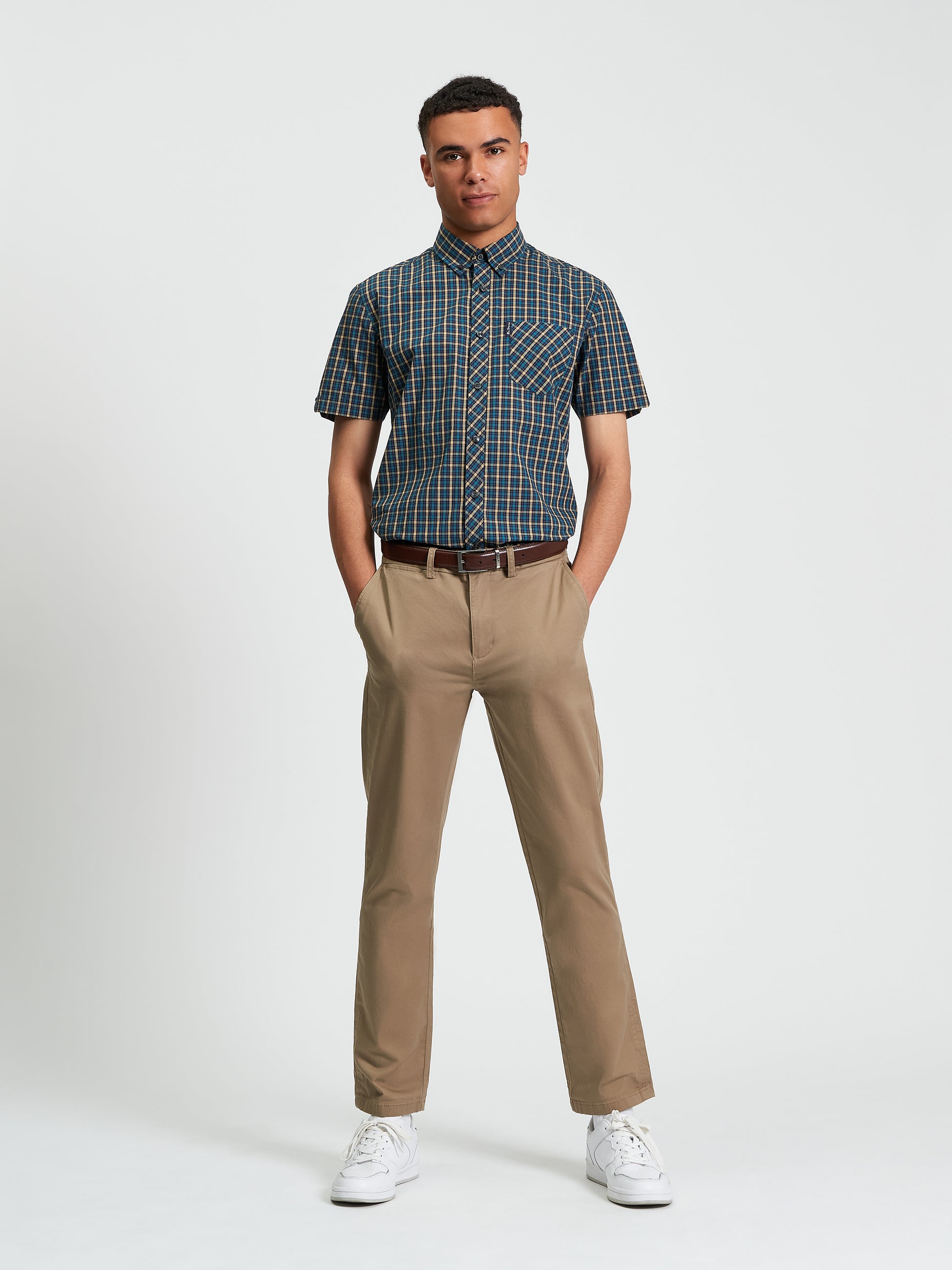 Signature House Check Short Sleeve Shirt - Teal- Full Length View