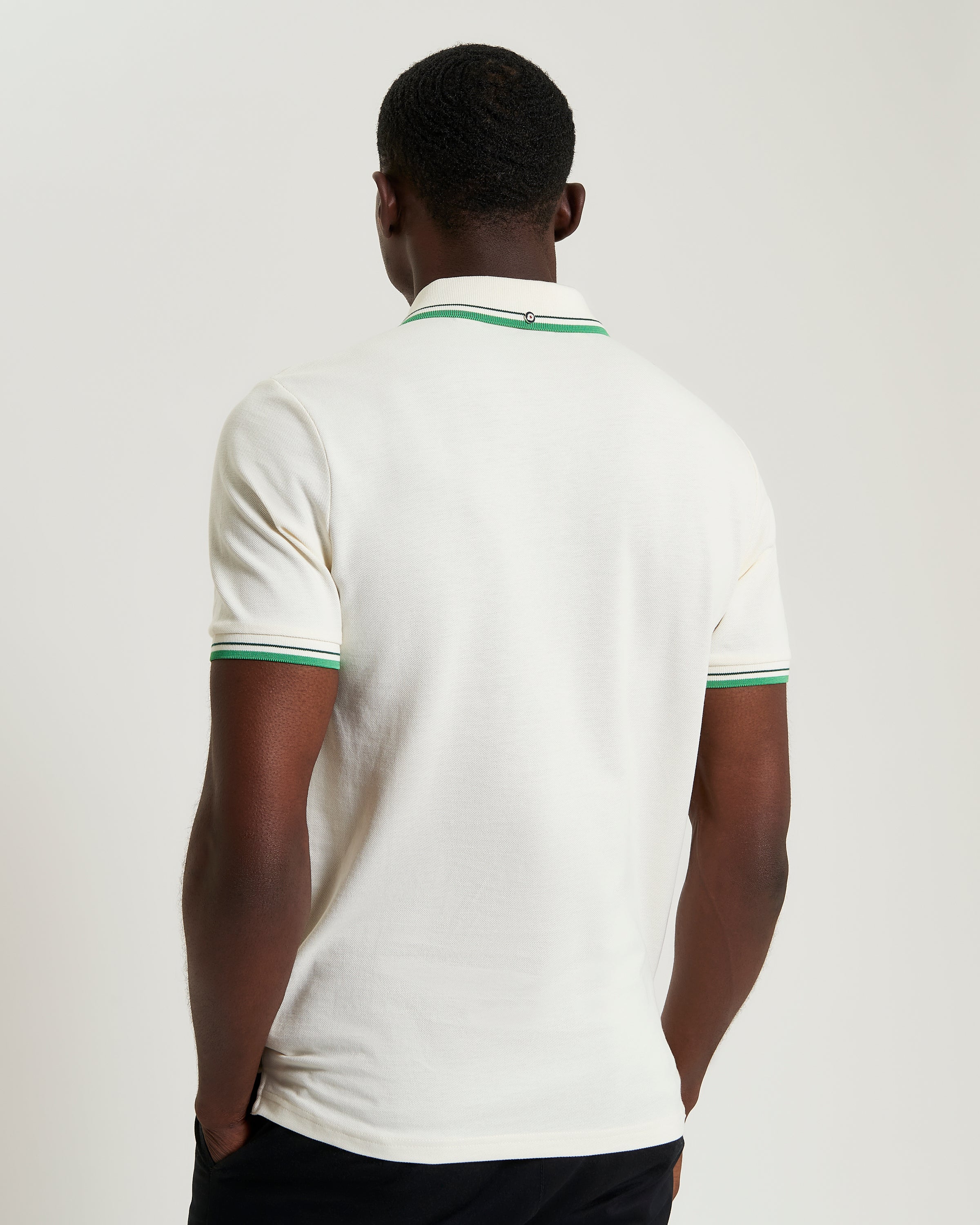 Signature Pique Polo – White with Green Contrast Detailing, Back View, Regular Fit